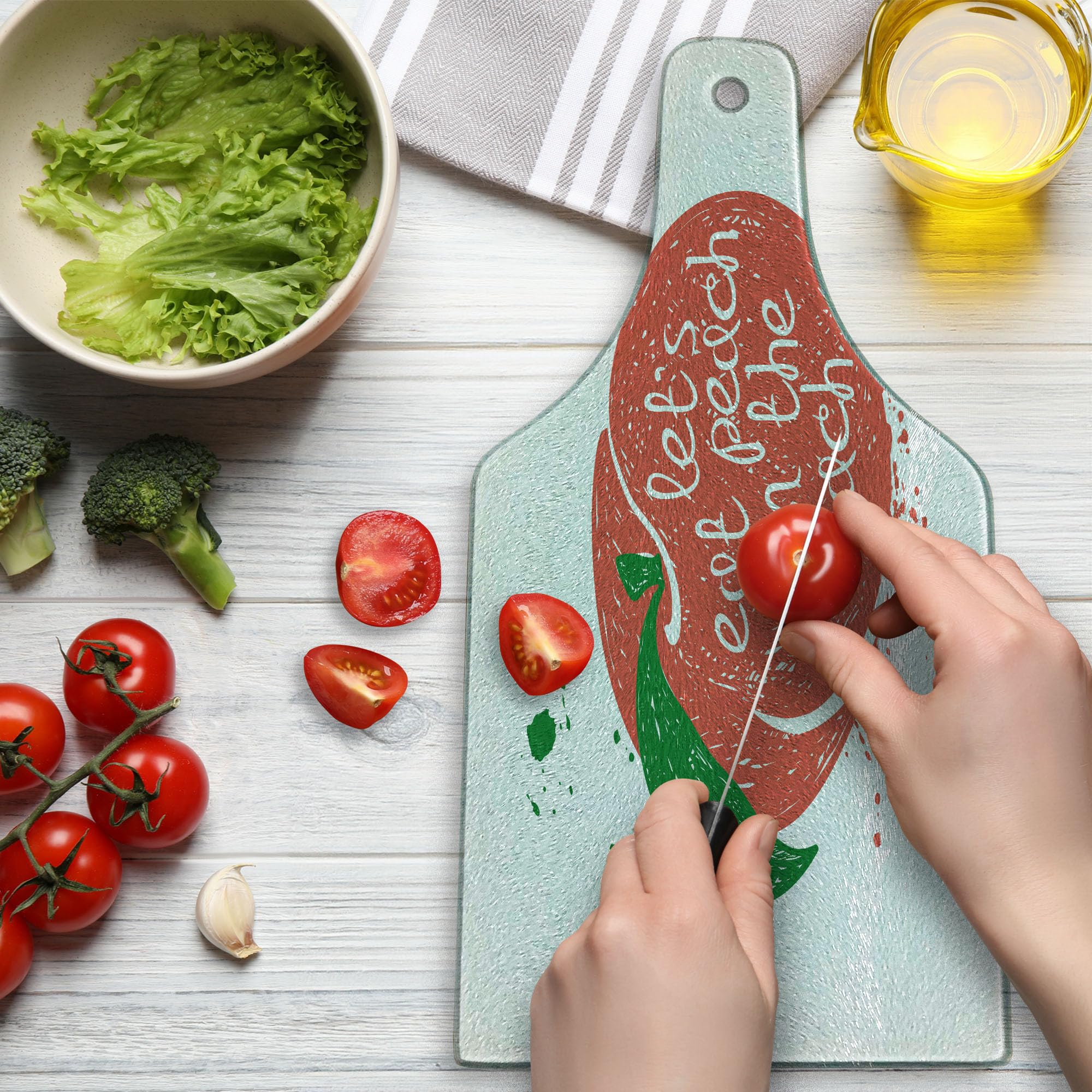 Ambesonne Peach Themed Tempered Glass Cutting Board - Decorative Serving Tray with Fruit Design, Stem & Leaf Pattern - Perfect for Beach Picnics, Wine Parties & Kitchen Decor - Green Coral White Wine Bottle Shape