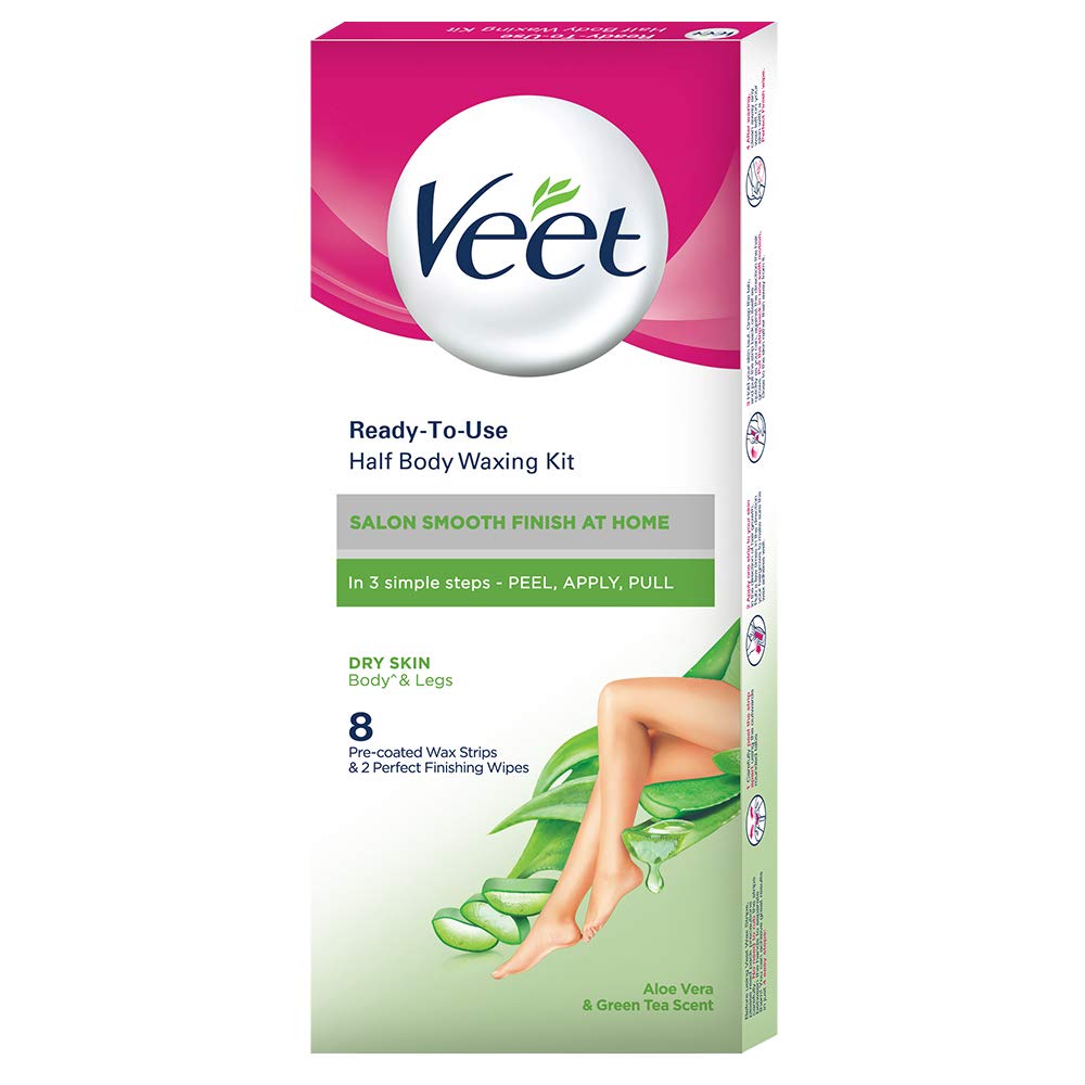 Veet Full Body Waxing Kit for Dry Skin - 8 Wax Strips with Soothing Aloe Vera - At-Home Hair Removal for Legs, Arms & Bikini Area - Gentle Formula for Sensitive Skin - Perfect for Pre-Vacation Smoothing & Quick Touch-Ups