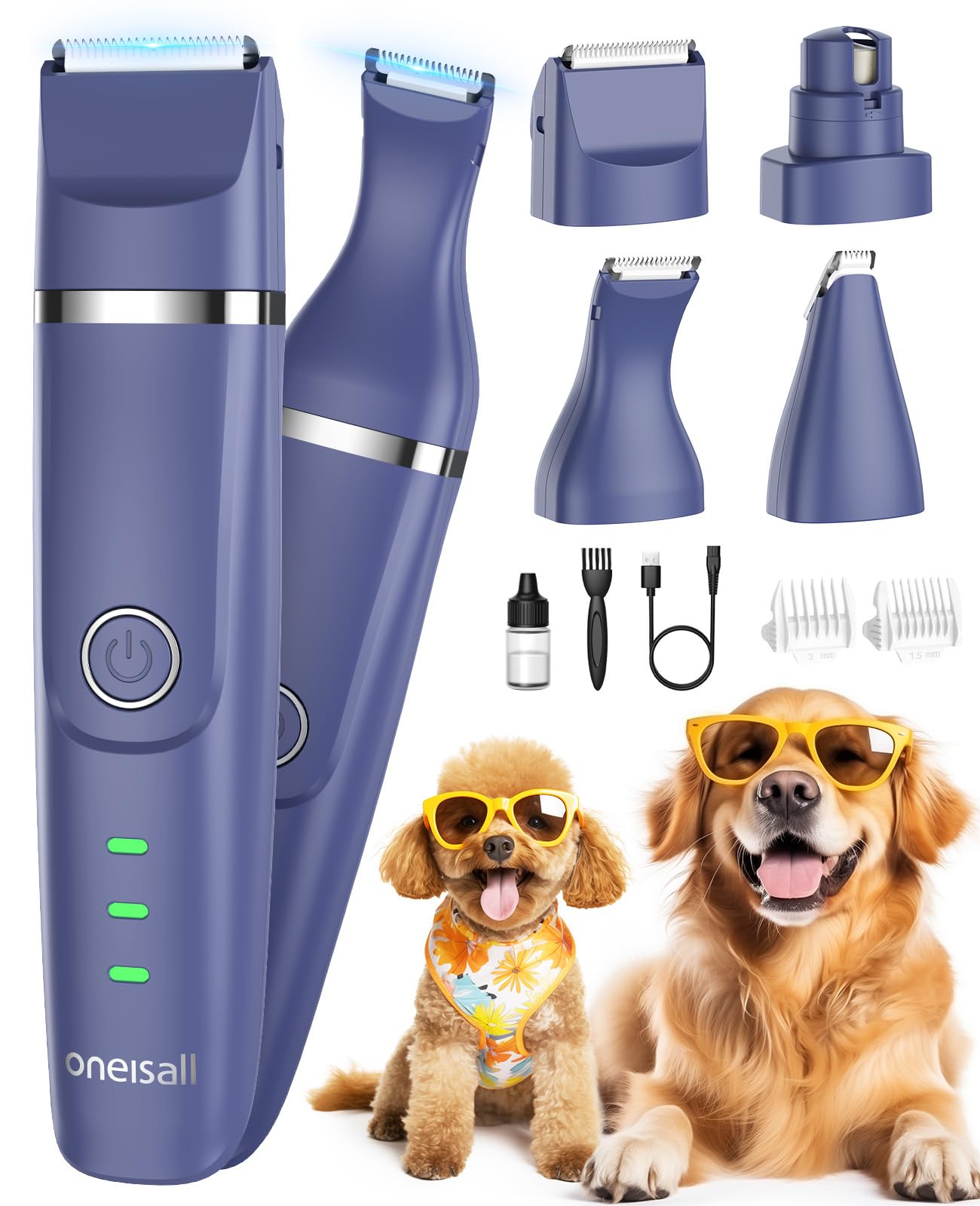 Oneisall 4-in-1 Cordless Dog Grooming Kit - 2-Speed Clippers, Low Noise Paw Trimmer & Rechargeable Quiet Nail Grinder for Dogs & Cats (Blue) | Professional Pet Grooming at Home for Small & Medium Breeds