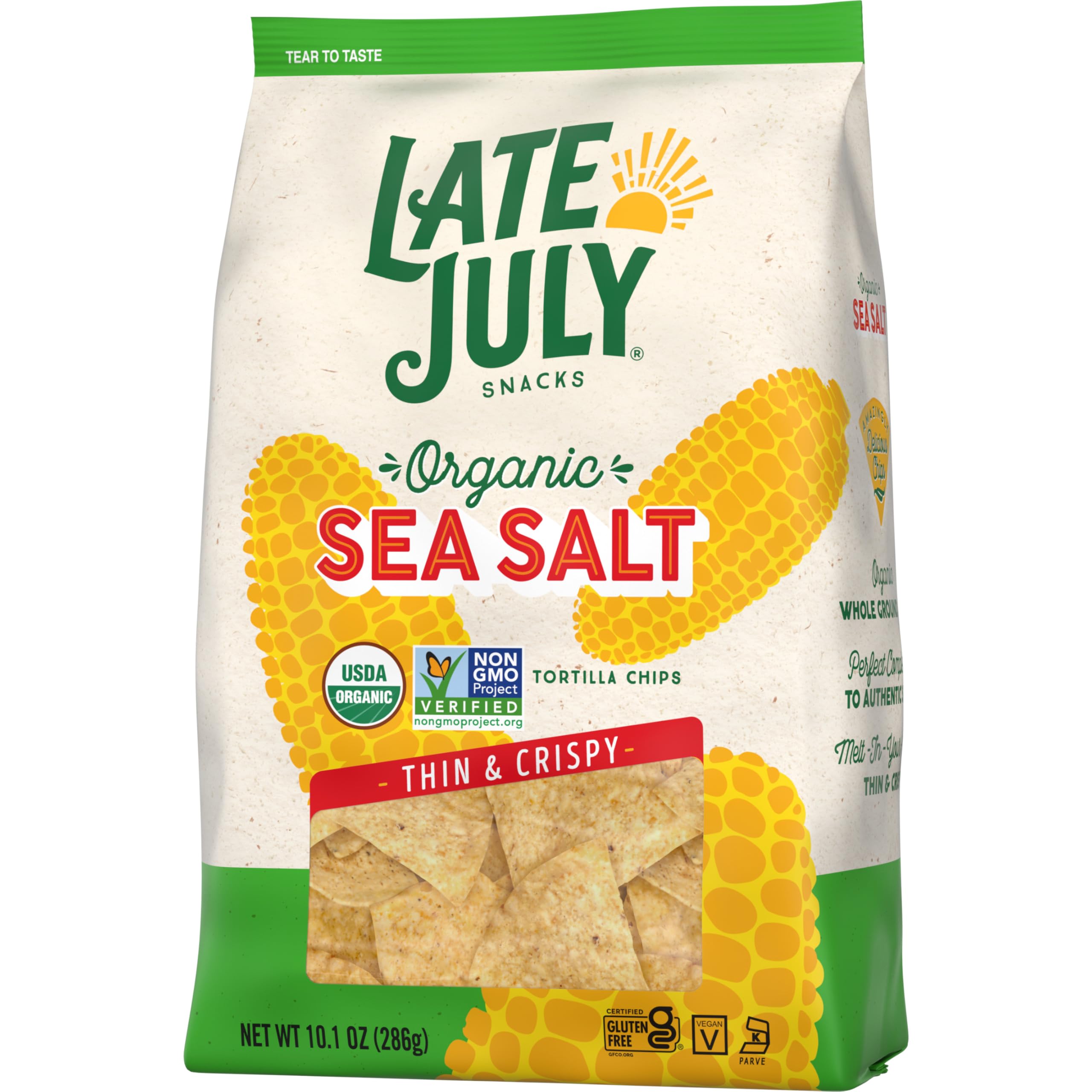 Organic Thin & Crispy Tortilla Chips with Sea Salt | Late July Snacks | 10.1 oz Bag | Perfect for Parties, Snacking & Healthy Diets