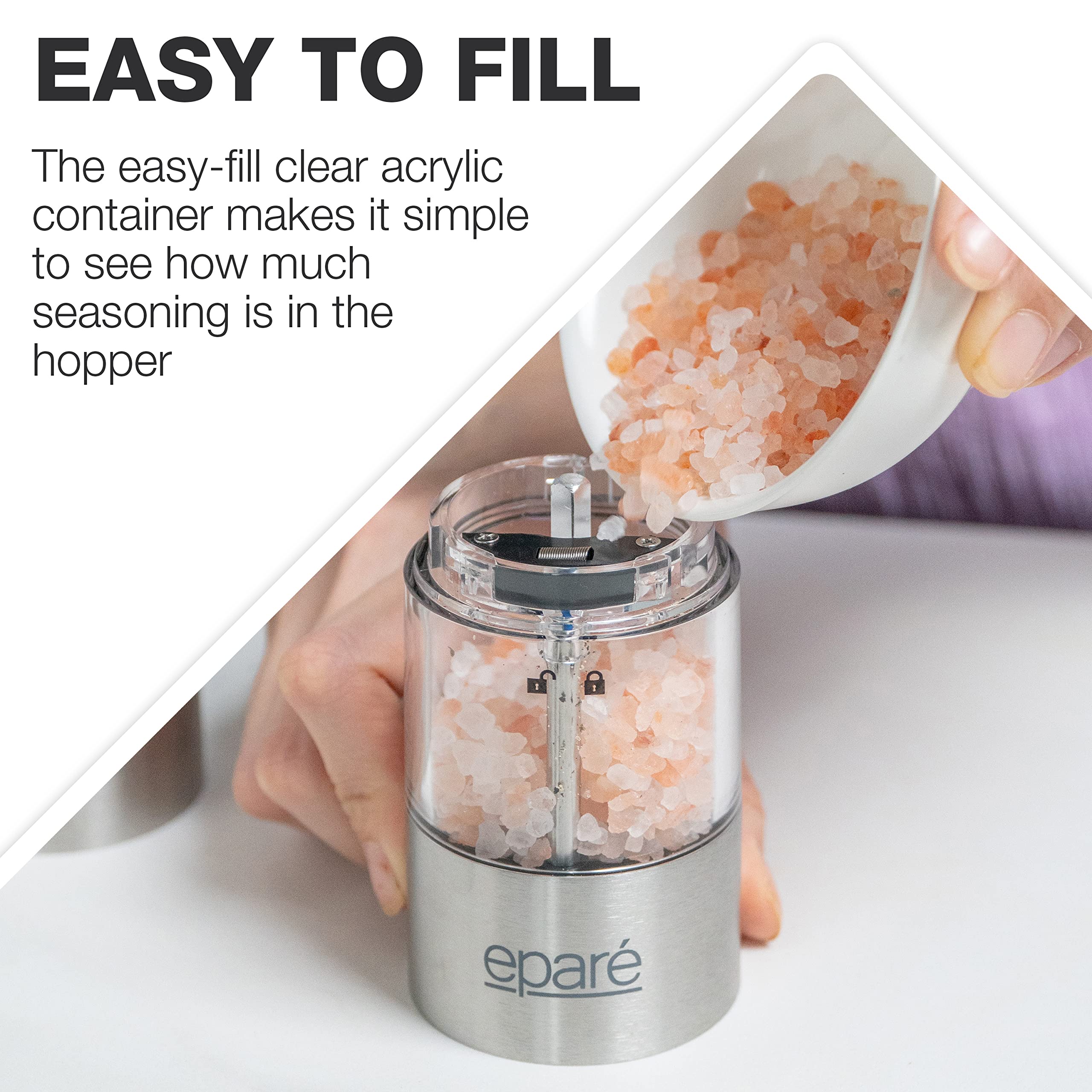 Eparé Electric Salt and Pepper Grinder with LED Light - Battery Powered Automatic One-Handed Mill - Adjustable Ceramic Burr & Refillable Stainless Steel Shaker - Perfect for Kitchen, Dining, Camping, and Gifting