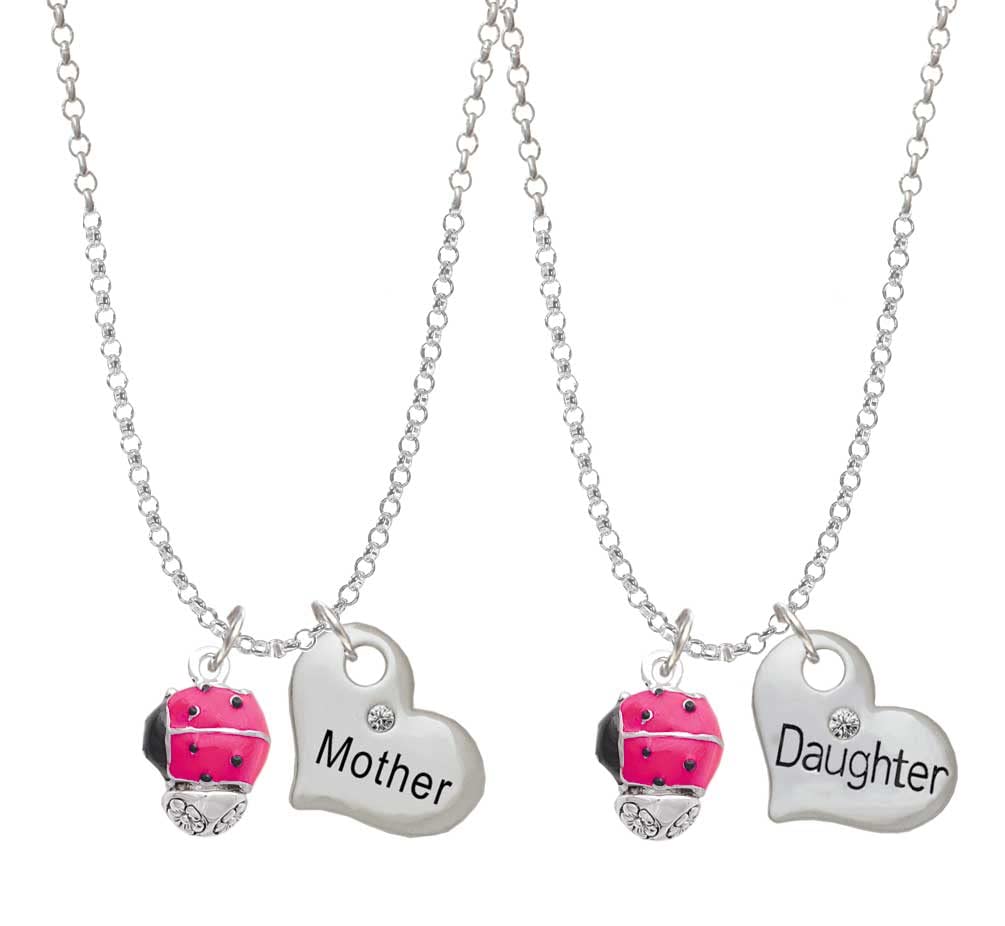 Delight Jewelry Enamel Ladybug Spinner Necklace Set - Mother & Daughter Heart Pendants (2-Piece, 19