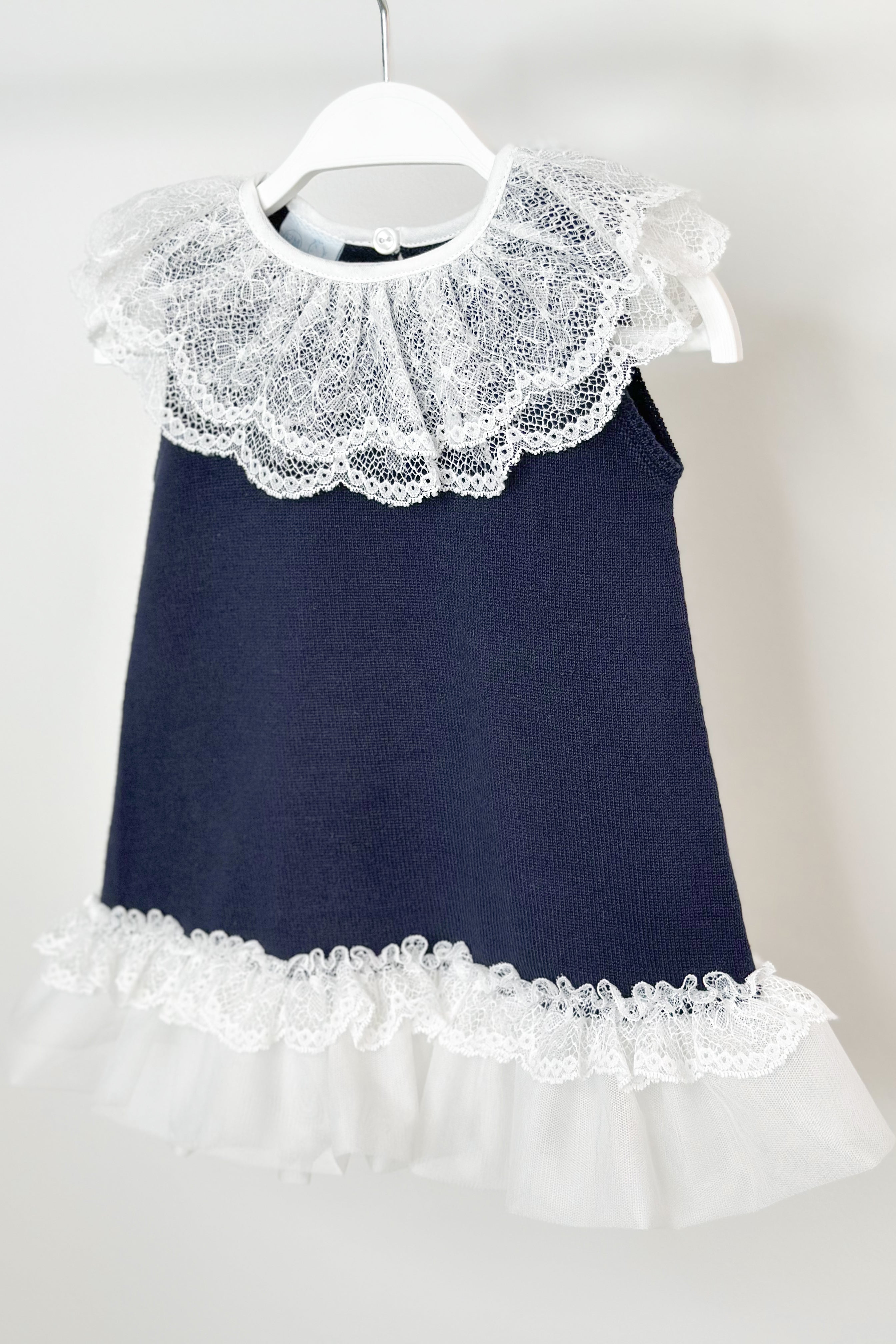 Eleonora Navy Blue Knitted Lace & Tulle Bow Dress for Women | Elegant Party, Wedding Guest & Special Occasion Outfit