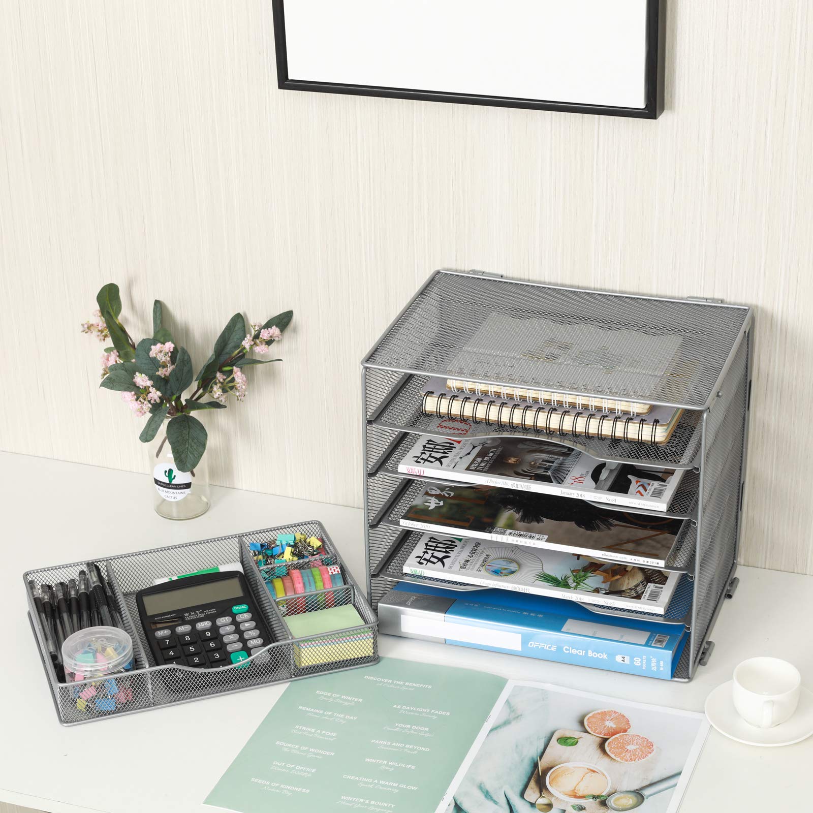 5-Tier Mesh Desk Organizer with Drawer - Silver Office File Sorter for Paper Storage | Perfect for Home, Office & Classroom Organization