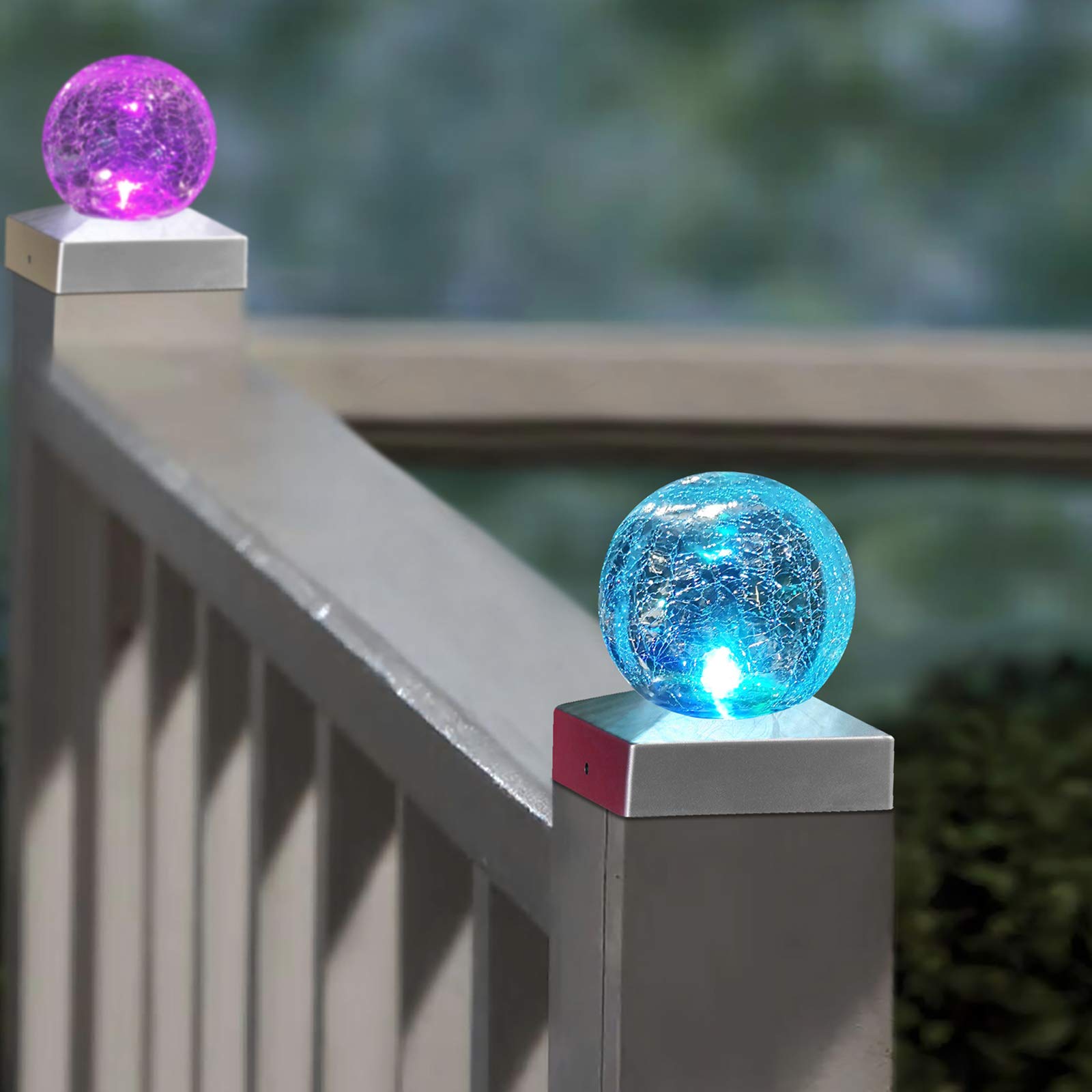 Solar Powered Fence Post Cap Lights - 4x4 Waterproof Outdoor Garden Lights with Color Changing Crackle Glass Design for Wooden or Vinyl Posts | Perfect for Pathway, Deck, Patio & Landscape Lighting