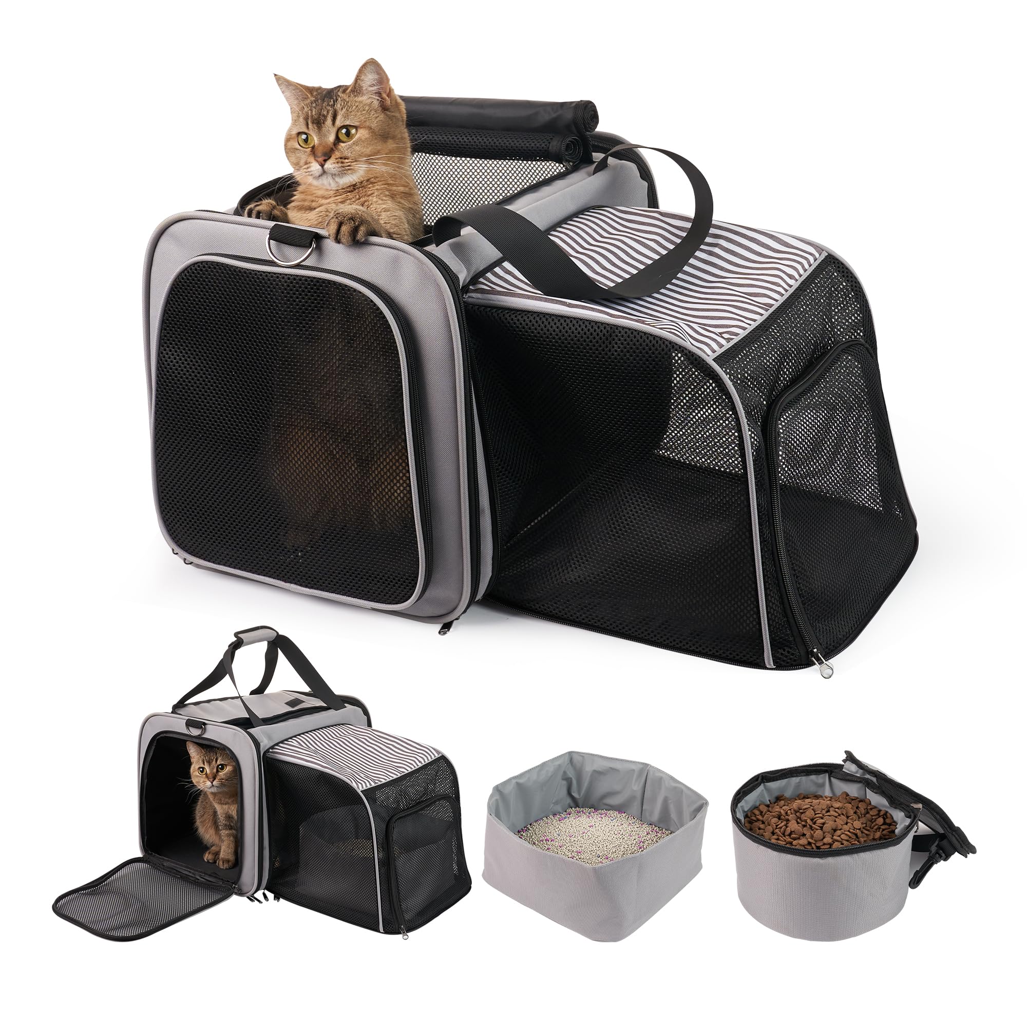 Expandable Soft Cat Carrier with Litter Box & Food Compartment - Portable Pet Travel Bag for Cars, Up to 20 lbs - Perfect for Road Trips, Camping, Hiking & Vet Visits - Grey