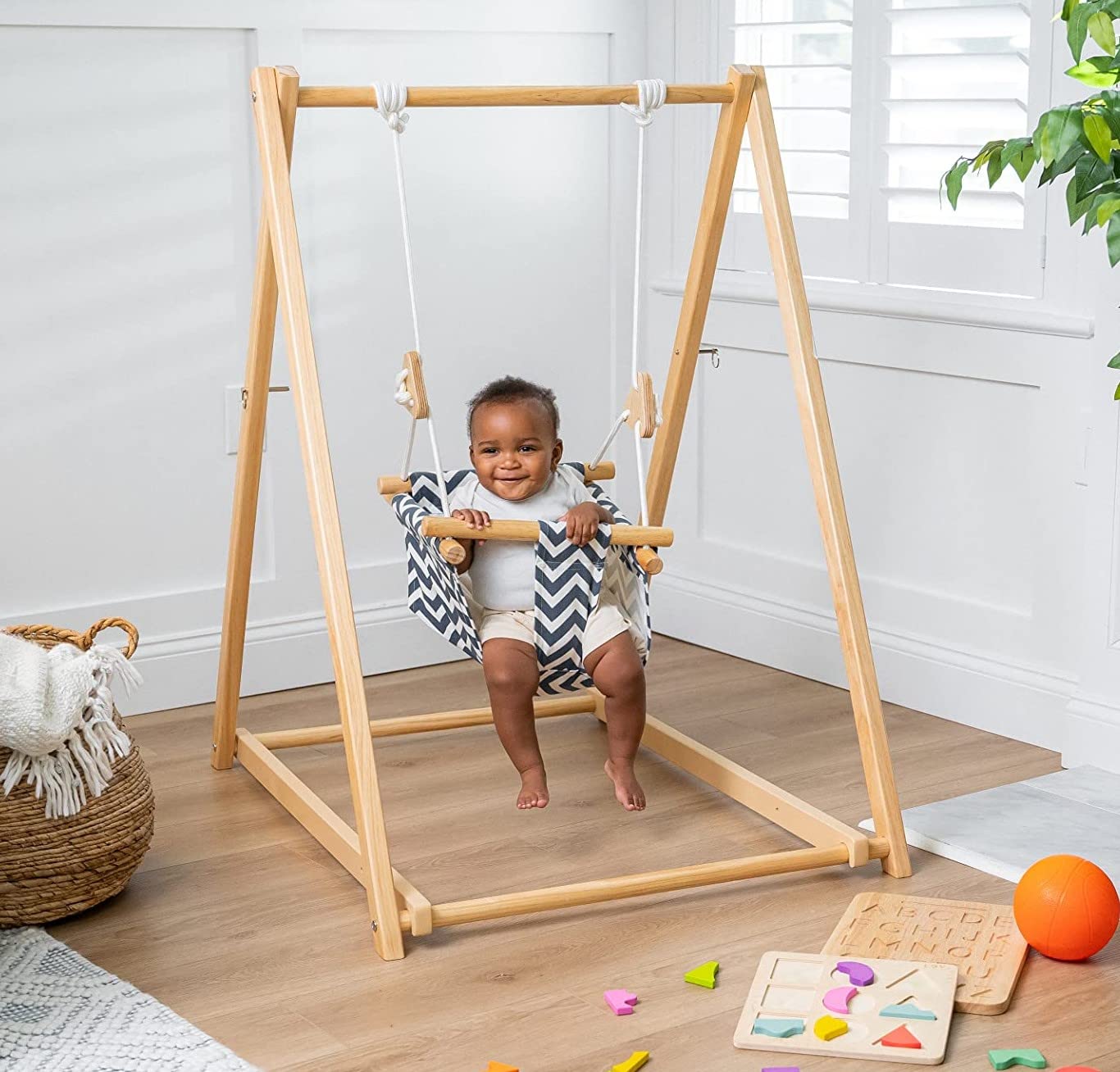 Avenlur Spruce Baby Swing with Stand - Foldable Toddler Swing with Safety Belt & Soft Pillow - Indoor/Outdoor Free Standing Swing for Kids 6 Months to 3 Years - Montessori Waldorf Style Swing for Playroom, Backyard & Nursery