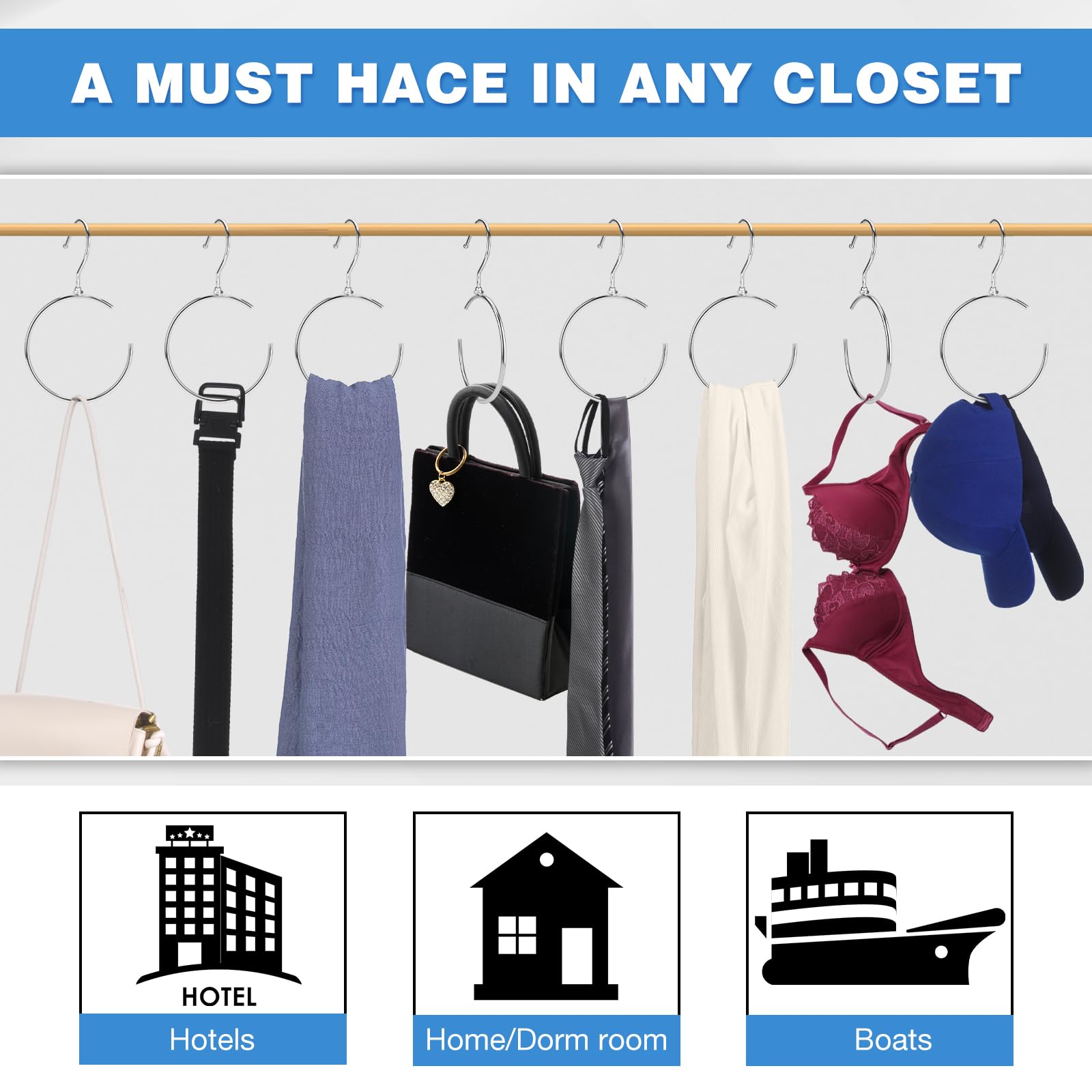 4 Pack Rotatable Belt Hangers for Closet - Space Saving Belt & Tie Organizer with 360° Swivel Hooks for Belts, Ties, Scarves, Baseball Caps - Silver Wardrobe Accessory Storage (Perfect for Closet, Bedroom & Dorm Organization)
