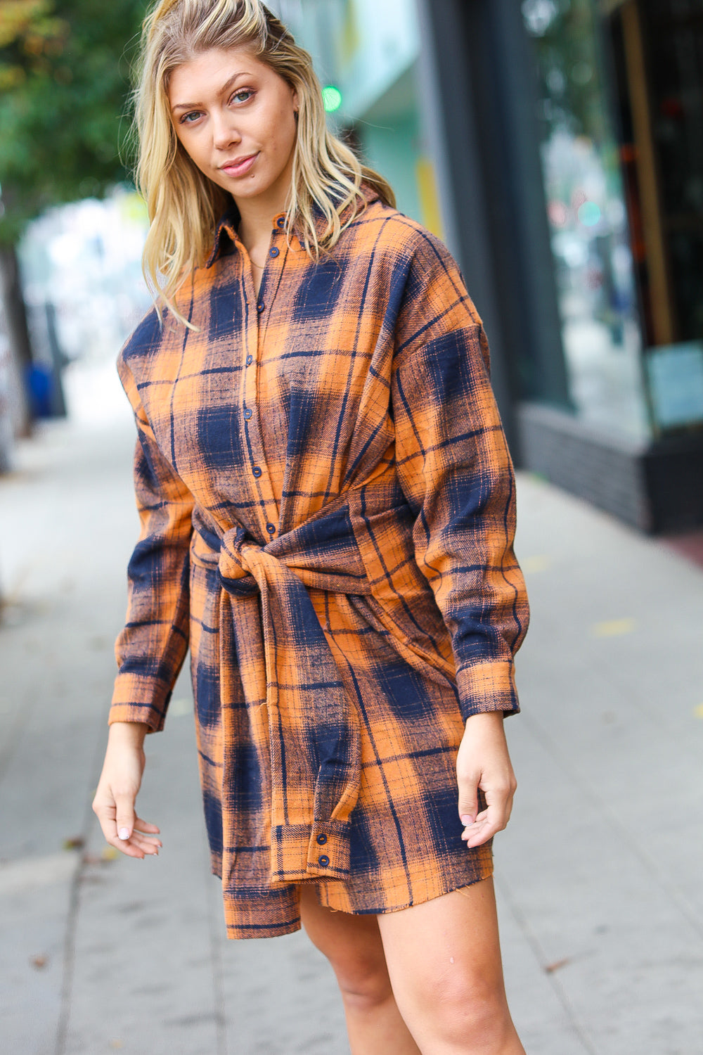 Diva Dreams Navy & Rust Plaid Flannel Button Down Waist Tie Dress for Women | Casual Fall Winter Outfit | Perfect for Office, Date Night & Holiday Parties