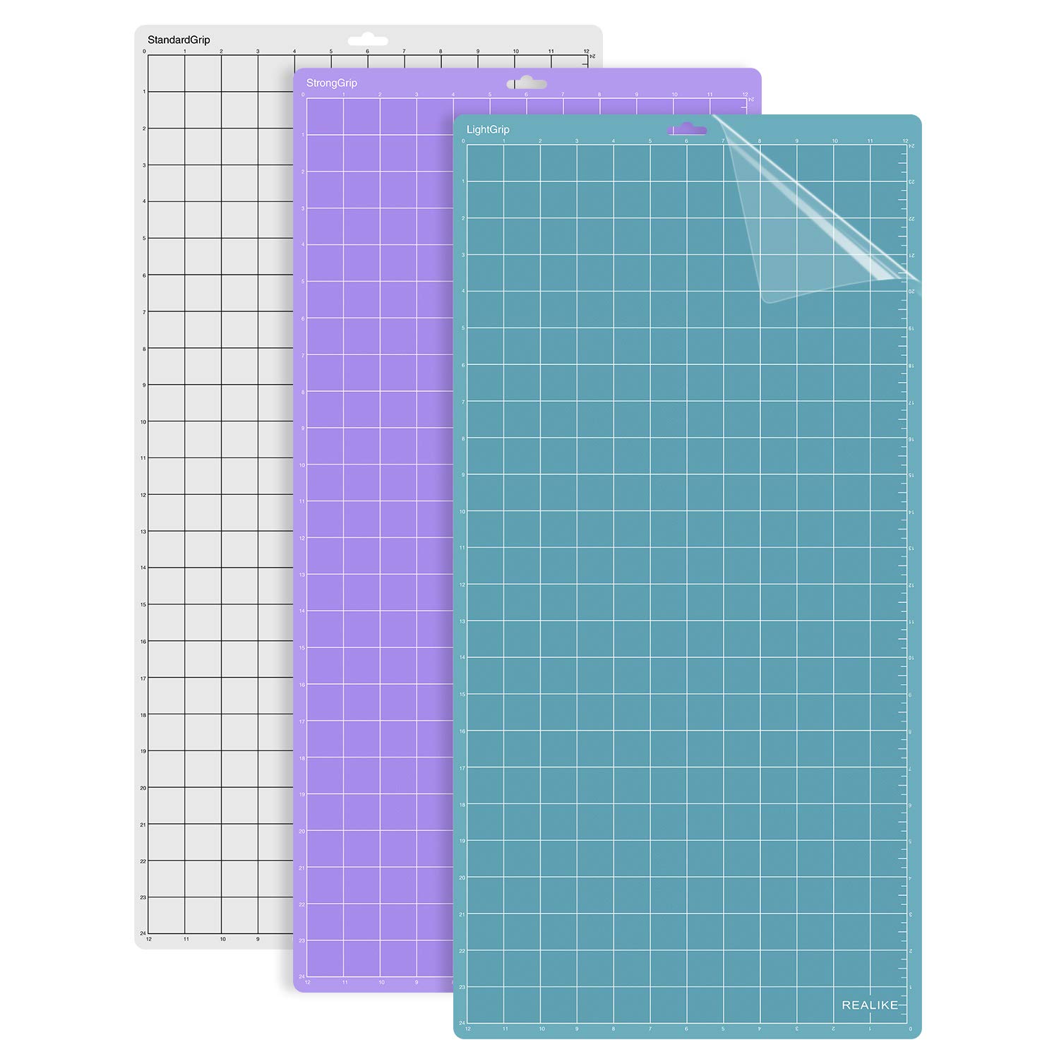 REALIKE 12x24 Inch Self-Healing Cutting Mat - 3-Pack with StandardGrip, LightGrip & StrongGrip - Compatible with Cricut Maker 3, Maker, Explore 3, Air 2, Air & One - Non-Slip Replacement Mats for DIY Crafts, Vinyl Cutting & Scrapbooking Projects