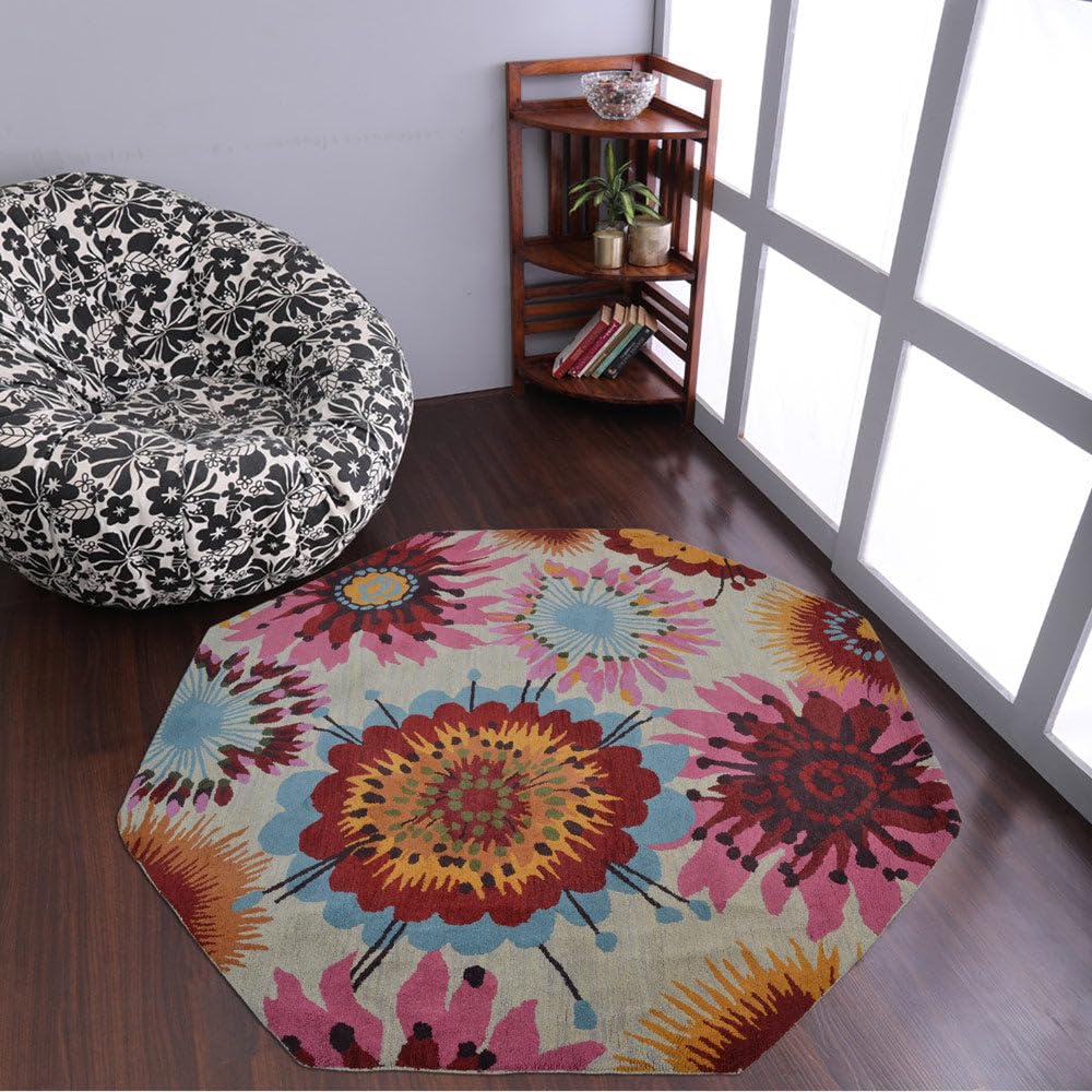 Hand Tufted Wool Eco-Friendly Area Rugs - 8'x8' Octagon Cream Floral Modern Design, High Pile Thick Non-Slip Handmade Rug for Living Room, Bedroom, Nursery & Home Decor (K00504) | Soft & Durable Floor Covering for Cozy Spaces