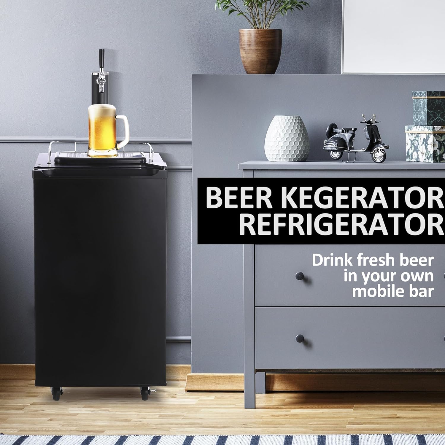 Commercial Kegerator with Single Faucet - Full Size Stainless Steel Keg Refrigerator for Beer Dispensing | Includes Drip Tray, Shelves & Rail | Perfect for Home Bars, Parties & Restaurants (Black)
