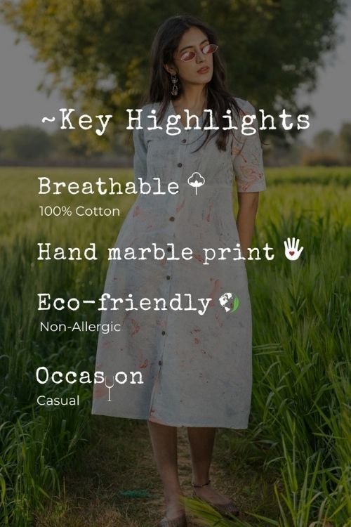 Handmarble Printed Pure Cotton Dress 'Morning Mist' by Sootisyahi - Elegant & Comfortable for Casual Outings, Office Wear & Special Occasions