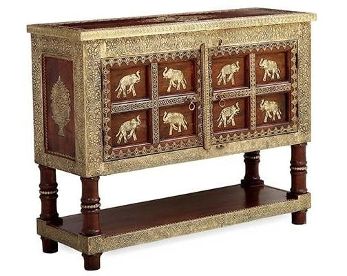 Antique Brass Embossed Solid Wood Cabinet with Brass Fittings - Vintage Ethnic Furniture for Living Room, Bedroom & Office Storage