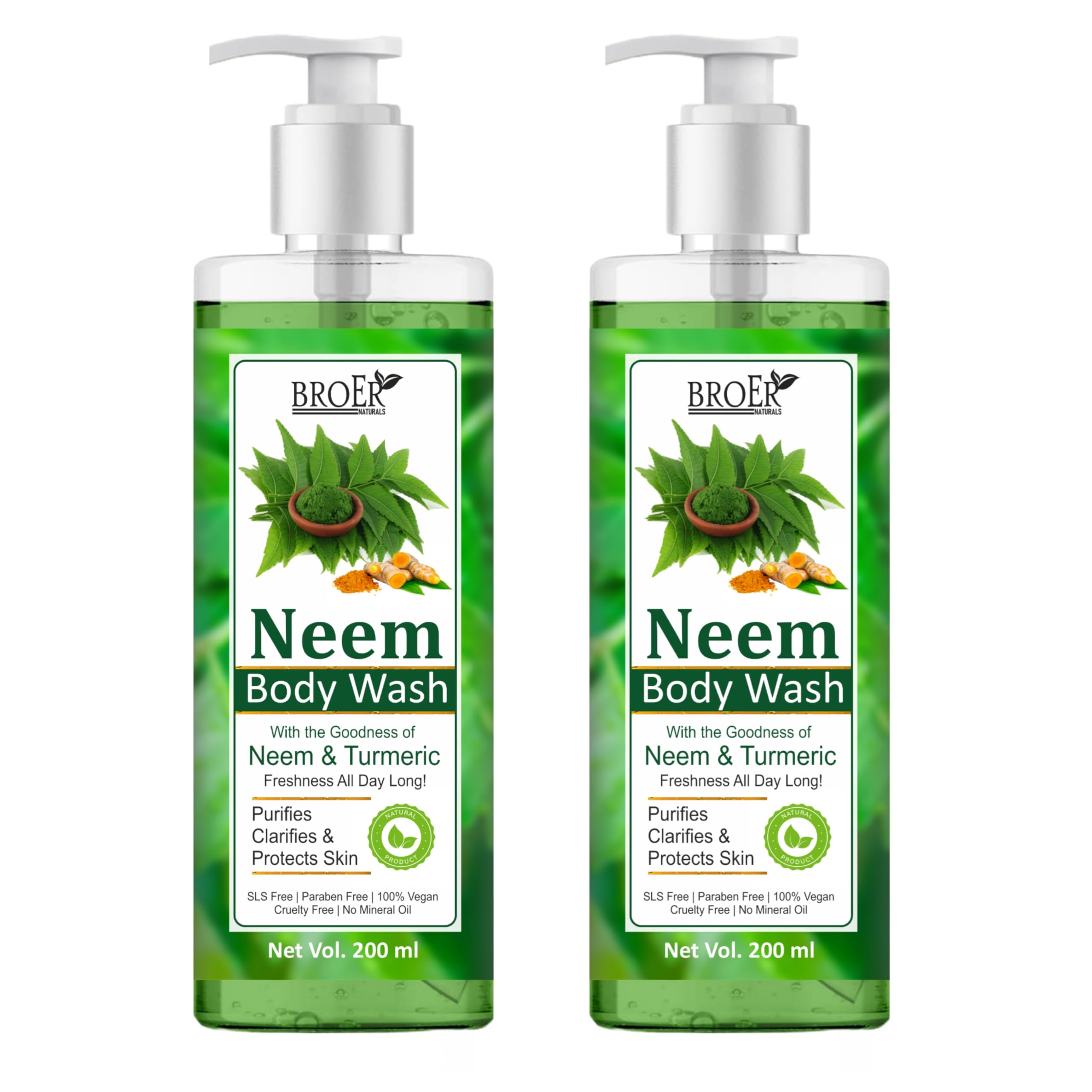 BROER Neem & Turmeric Body Wash - Antibacterial, Anti-Inflammatory Shower Gel for All Skin Types | Deep Cleansing, Natural Ingredients | Paraben-Free, Sulfate-Free | 200ml (Pack of 2) 400ml | Perfect for Daily Use & Sensitive Skin Care
