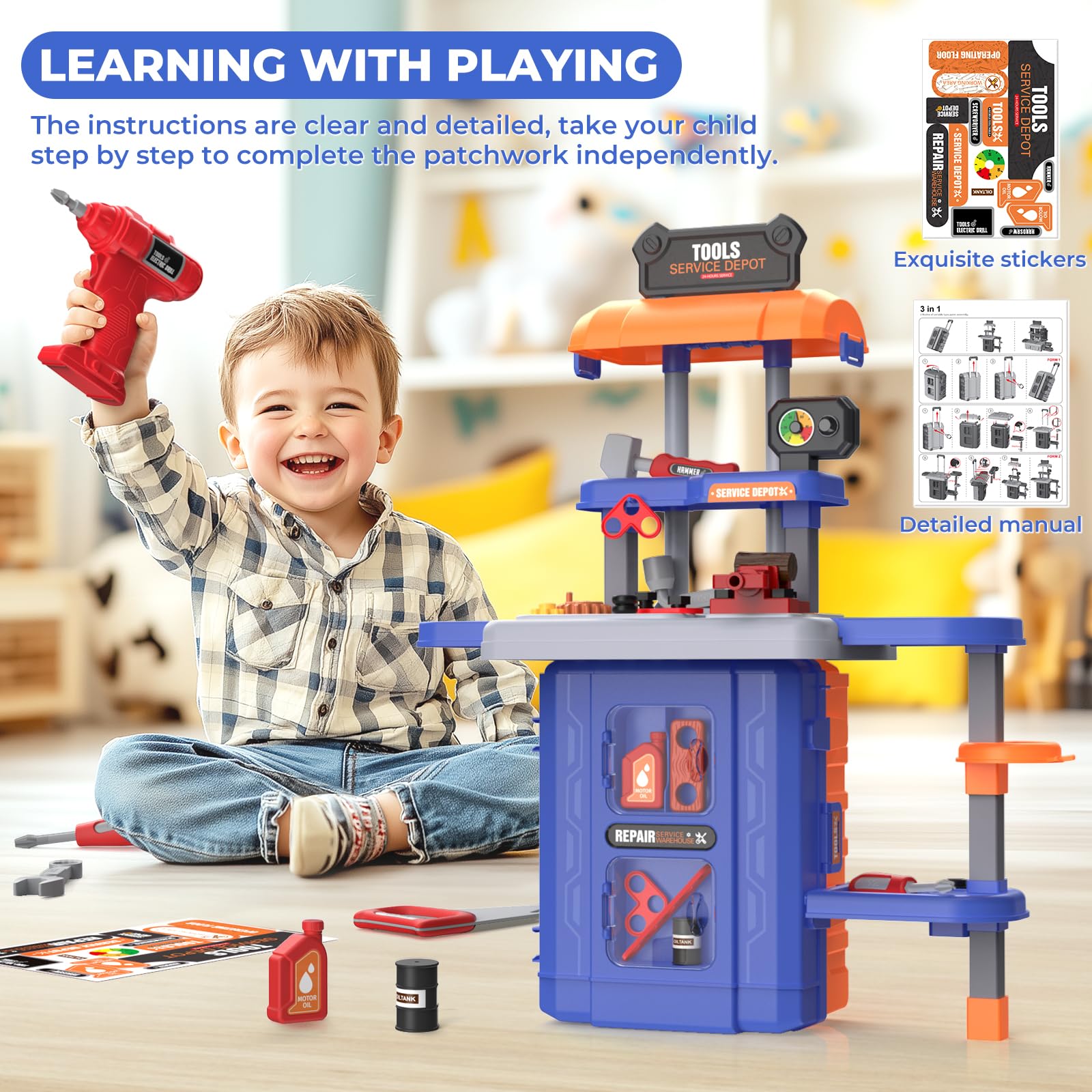 3-in-1 Kids Tool Bench Set with Realistic Toy Tool Box & Electronic Drill - Transformable Toddler Workbench Toy for Ages 3+ | Perfect for Pretend Play, DIY Projects & Early STEM Learning