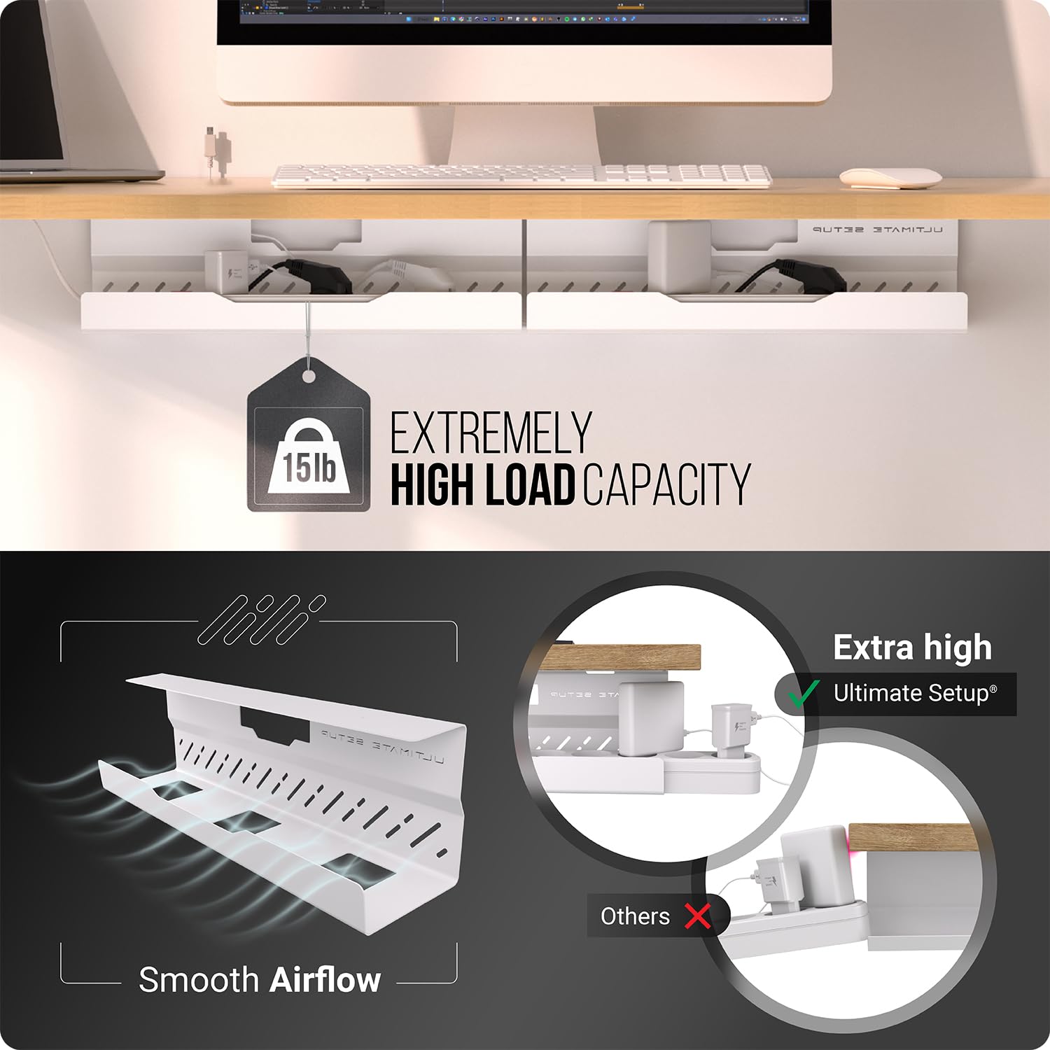 Under Desk Cable Management Tray - No Drill Wire Organizer with Huge Load Capacity - White Cord Holder for Office & Home Workspace (2-Pack) - Perfect for Computer, Gaming & Home Office Setup