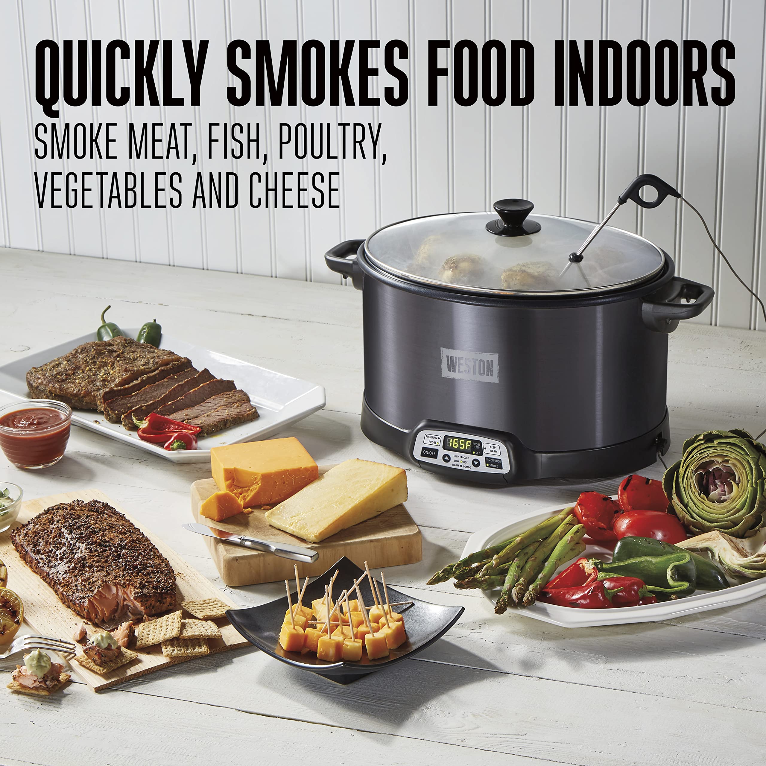 Weston Brands 2-in-1 Indoor Electric Smoker & Programmable Slow Cooker - 6 Quart Capacity with 3-Tier Smoking Rack for Meat, Cheese, Fish & More - Dishwasher Safe Crock & Temperature Probe - Perfect for Home Cooking, BBQ Parties & Meal Prep (Black, Model 03-2500-W)
