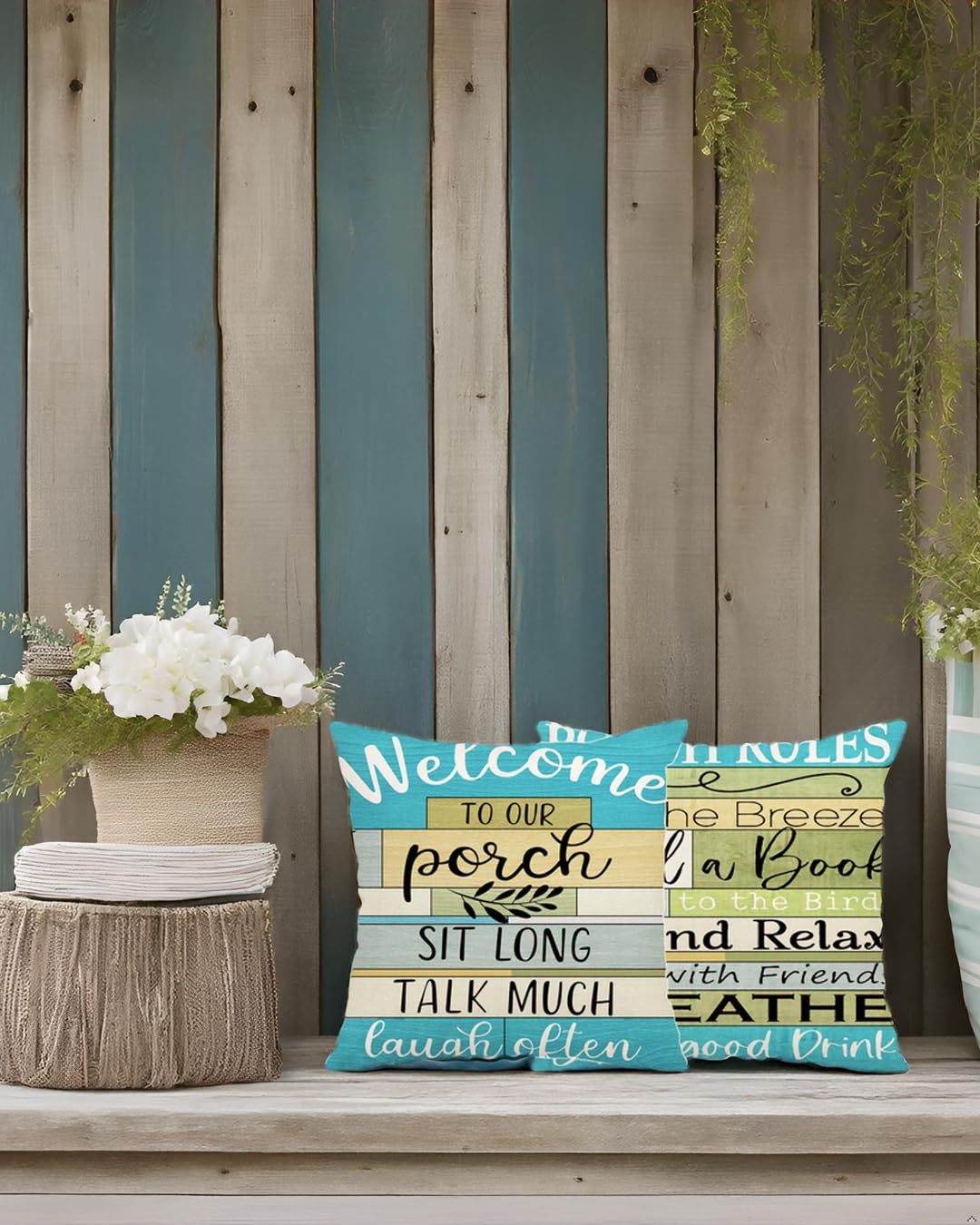 Waterproof Outdoor Pillow Covers 18x18 Inch - Turquoise Woodgrain Stripe Decorative Cushion Covers for Patio Furniture (Set of 2) - Perfect for Lake House Porch, Garden, and Backyard Decor