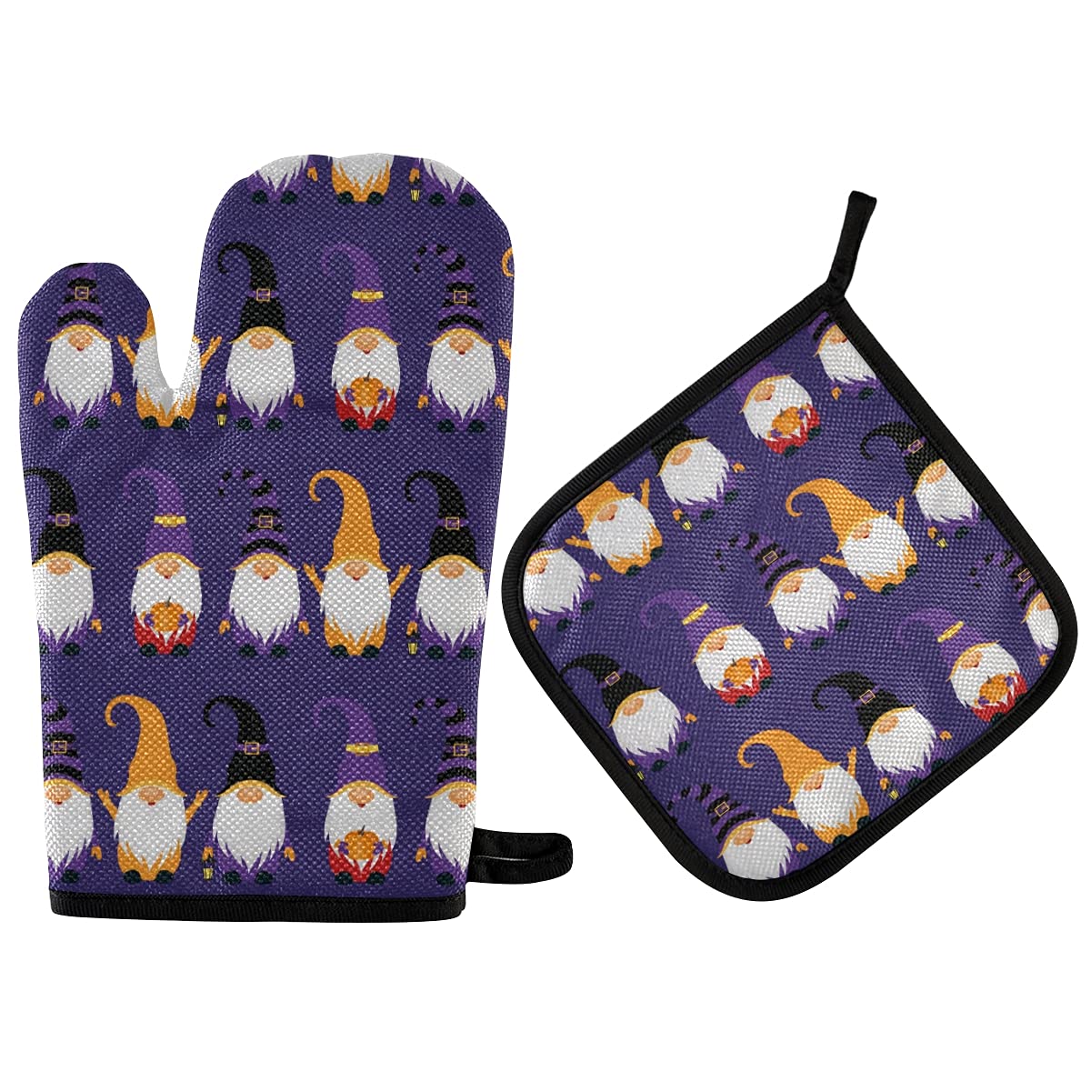 Halloween Gnomes Pattern Oven Mitts and Pot Holders Set - 2-Piece Non-Slip Heat Resistant Kitchen Gloves for Baking, Cooking, BBQ - Fall Pumpkin Decor for Home & Kitchen Use