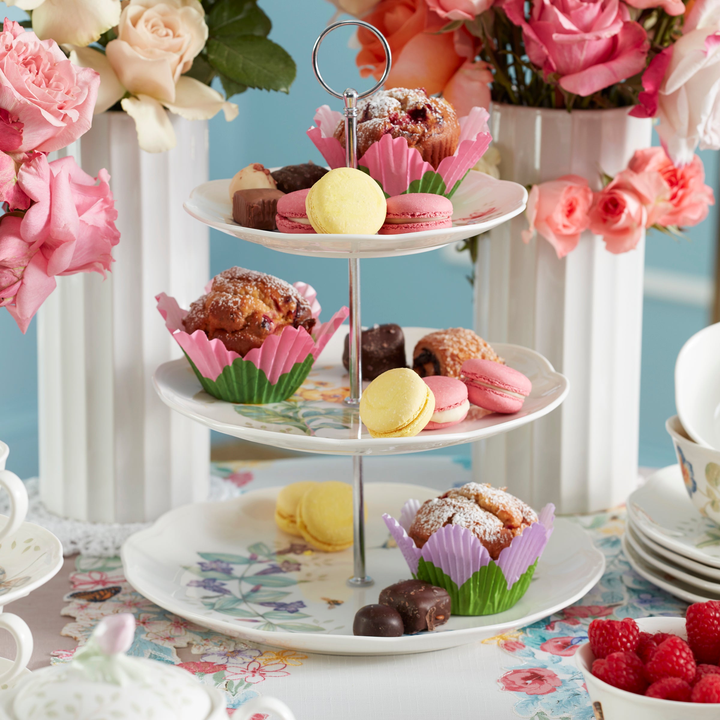 Butterfly Meadow 3 Tiered Serving Stand - Elegant Dessert Display for Parties, Weddings & Afternoon Tea | Rustic Wooden Cake Stand with Floral Design
