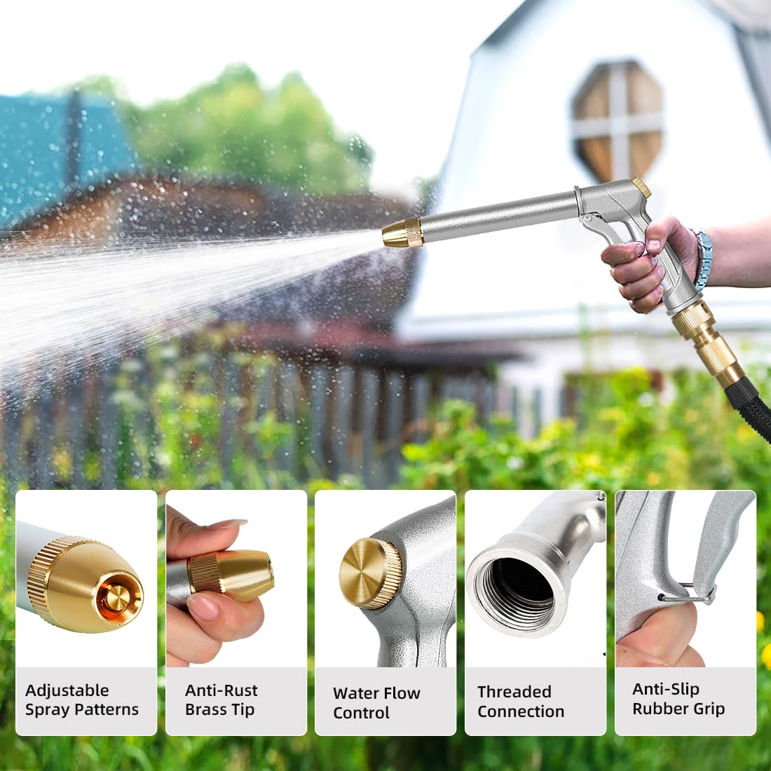 Heavy Duty Metal High Pressure Garden Hose Nozzle Sprayer - 360° Rotating Adjustable Nozzle for 3/4