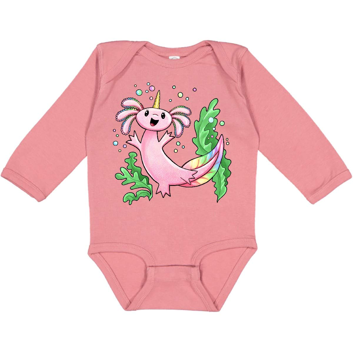 Stylish Inktastic Axolotl Unicorn Rainbow Tail Long Sleeve Baby Bodysuit - Perfect for Playdates, Photo Shoots & Unique Gifts