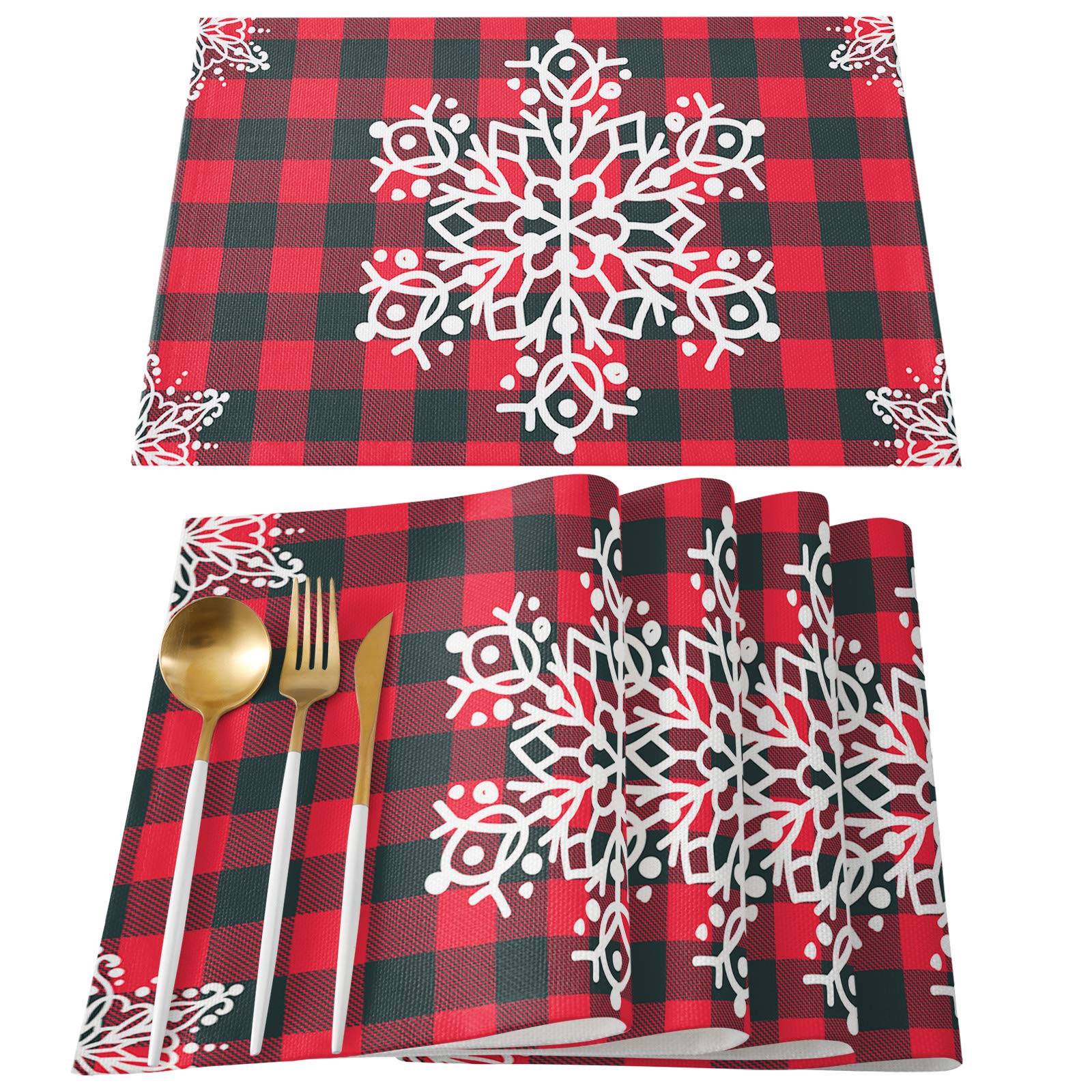 Christmas Snowflake Plaid Round Table Placemats Set of 6 - Washable, Non-Slip & Heat Resistant Dining Mats for Kitchen Table - Red & Black Holiday Decor for Women, Men & Kids - Perfect for Christmas Dinner, Party Decorations & Home Entertaining
