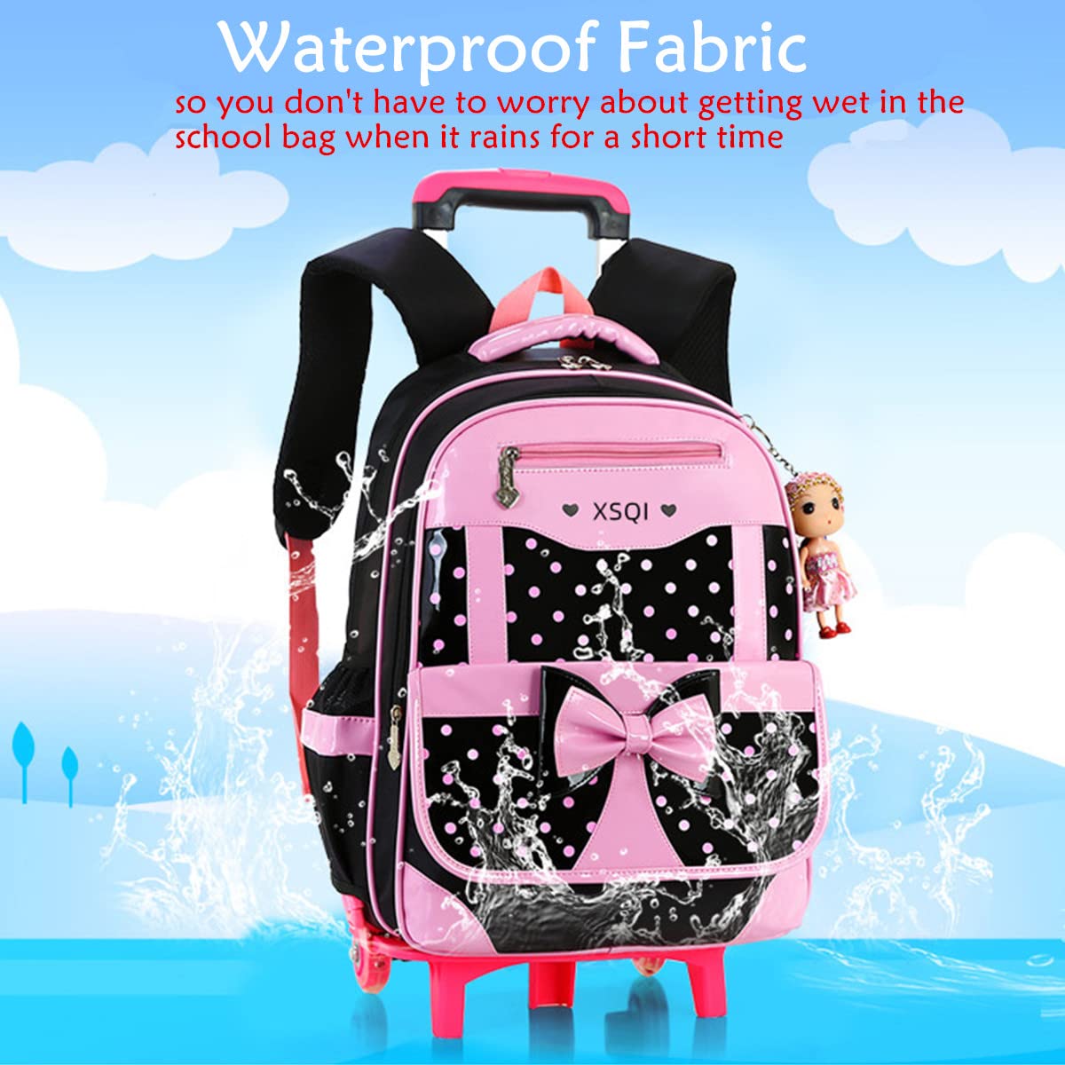 MITOWERMI Rolling Backpack for Girls - Cute Bowknot Wheeled School Bag with Handbag, Trolley Carry-on Travel Luggage for Toddler & Elementary Students | Perfect for School, Travel, and Princess-Themed Outings