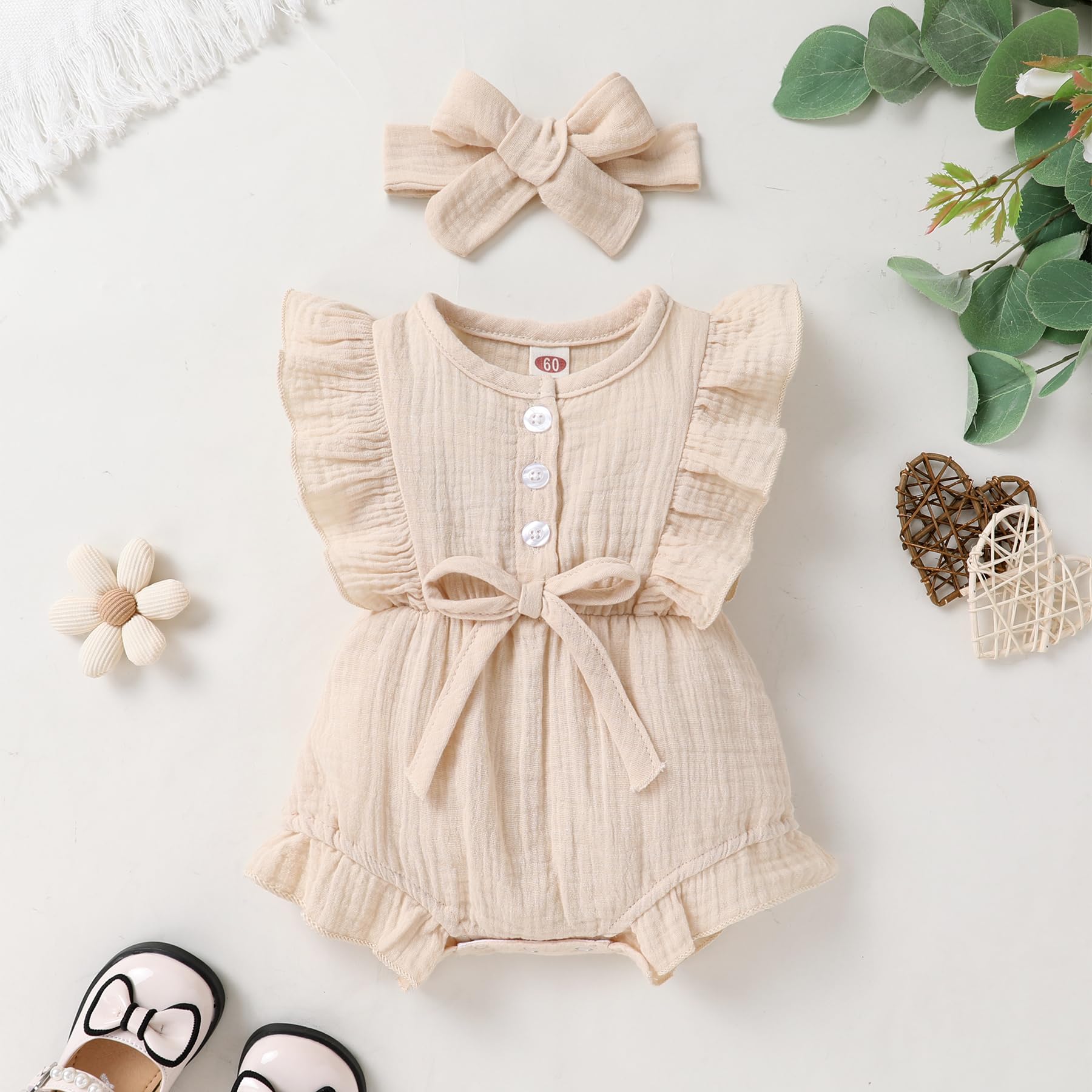 YOUNGER TREE Baby Girl Ruffled Sleeveless Romper - Soft Cotton Linen Summer Jumpsuit for Toddlers | Perfect for Beach, Playdates & Outdoor Activities