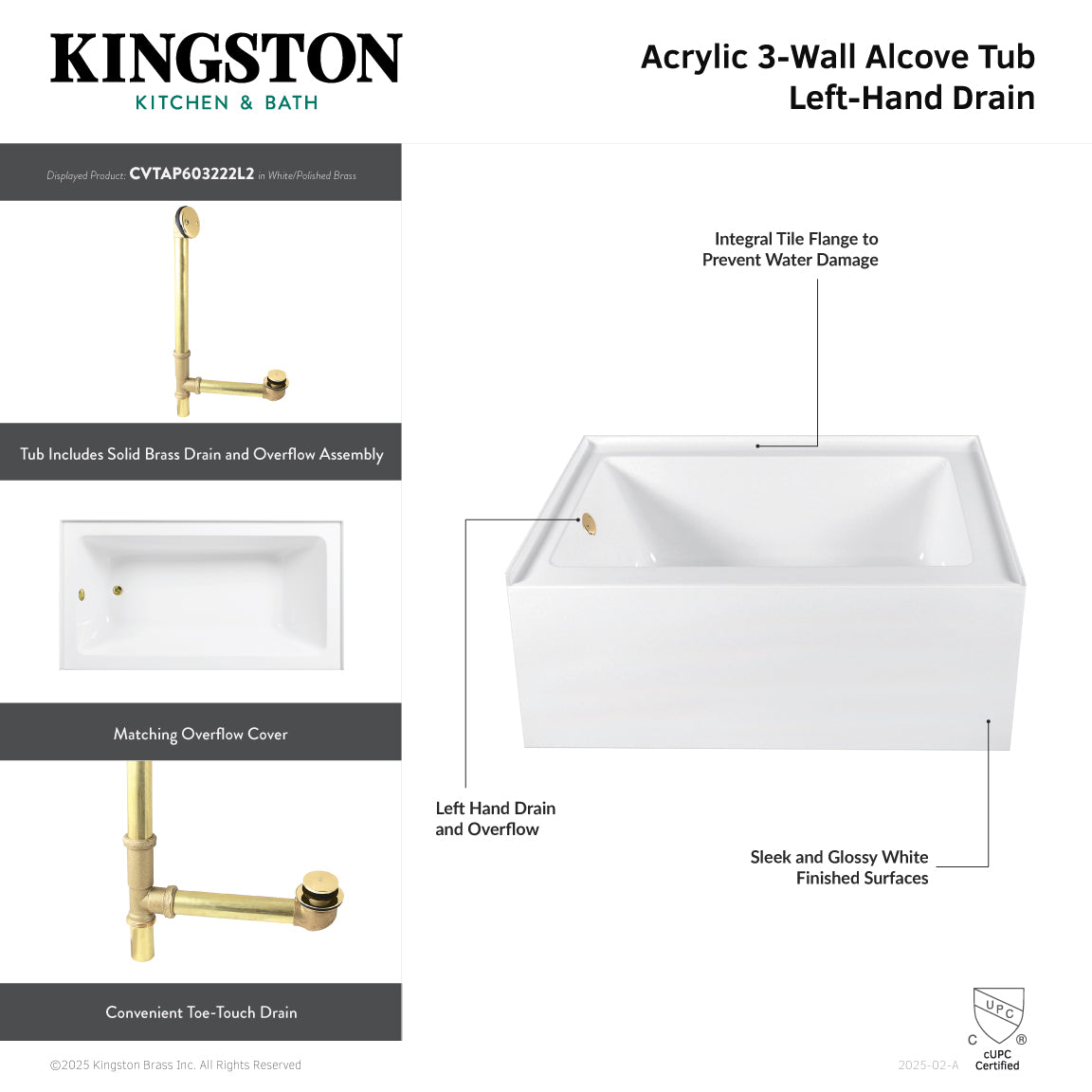 Aqua Eden 60 Inch Acrylic Rectangular 3 Wall Alcove Bathtub Combo with Waste & Overflow Drain - Glossy White/Polished Nickel (Left Hand Drain) - Perfect for Modern Bathroom Renovations and Spa-Like Retreats