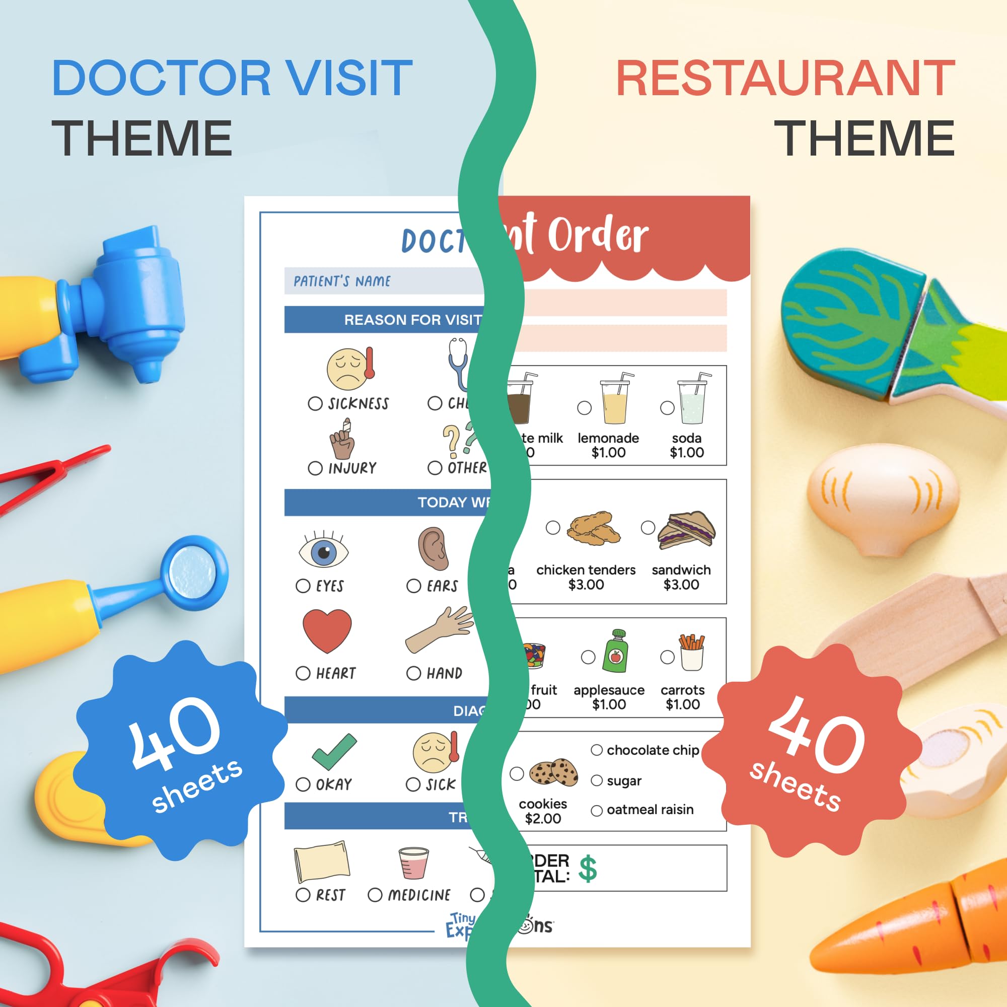 Tiny Expressions Playtime Notepads - 2-Pack Kids Pretend Play Notepads for Restaurant & Doctor Role Play - 40 Pages Order-Taking Notepad + 40 Pages Doctor Visit Notepad - Perfect for Waiter & Doctor Imaginative Play at Home or Classroom