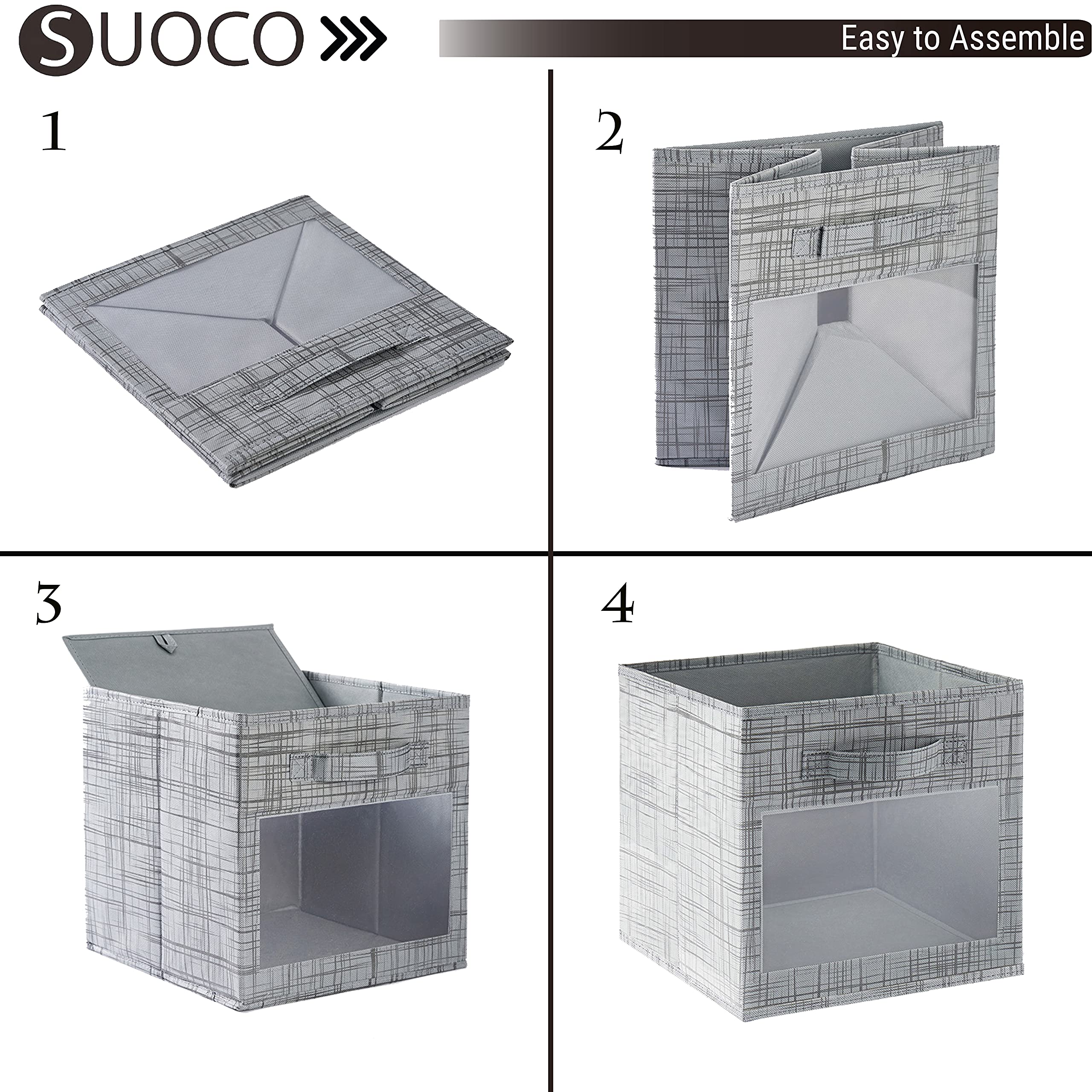 SUOCO 6-Pack Foldable Fabric Storage Bins with Clear Window - Grey Cube Organizer Baskets for Shelves, Closet, Nursery & Kids Room | Perfect for Home Organization, Toy Storage & Bedroom Decor