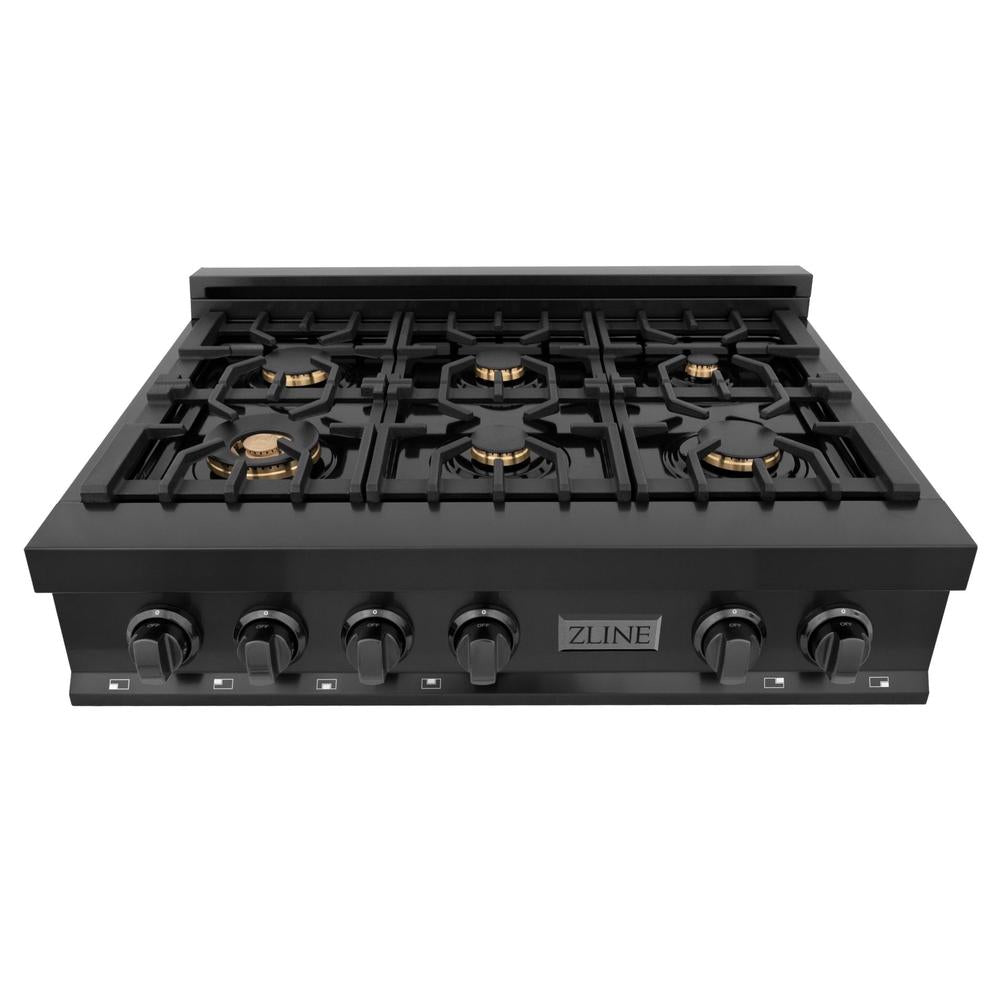 ZLINE 36 Inch Black Stainless Steel Gas Rangetop with 6 Brass Burners & Porcelain Cooktop - Professional Grade Kitchen Appliance for Home Chefs & Cooking Enthusiasts | Perfect for Gourmet Meals, Entertaining & Large Family Dinners