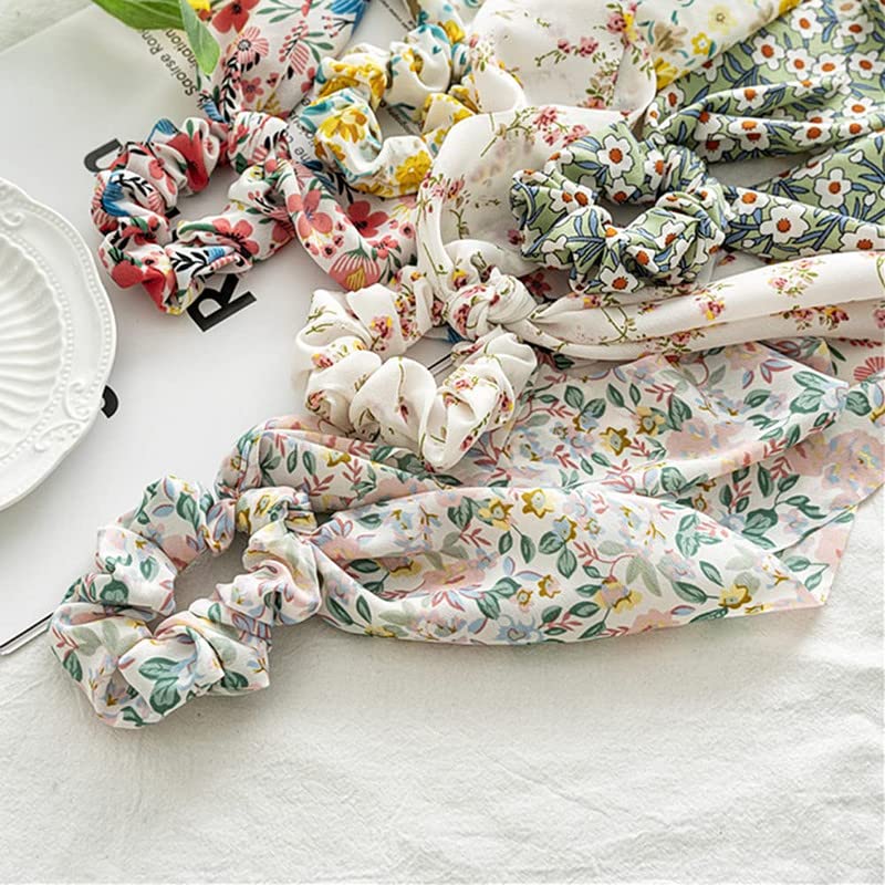 Shidara Floral Chiffon Hair Scrunchies for Women - Soft Elastic Hair Ties, Ribbon Hair Bands & Ponytail Holders (6-Piece Set) - Perfect for Office, Party, Wedding & Everyday Use