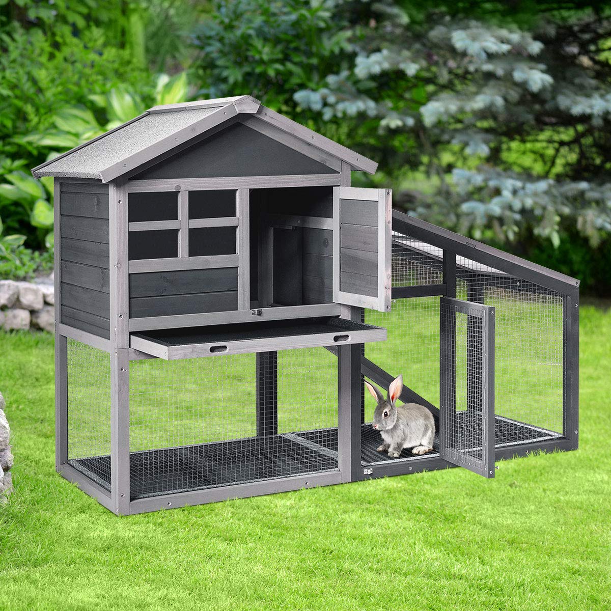 Tangkula Rabbit Hutch Indoor Outdoor - Wooden Chicken Coop Bunny Cage with Run, Ventilation Door & Removable Tray - Perfect for Backyard, Garden, or Patio Use - Great for Rabbits, Chickens & Small Pets (Gray)