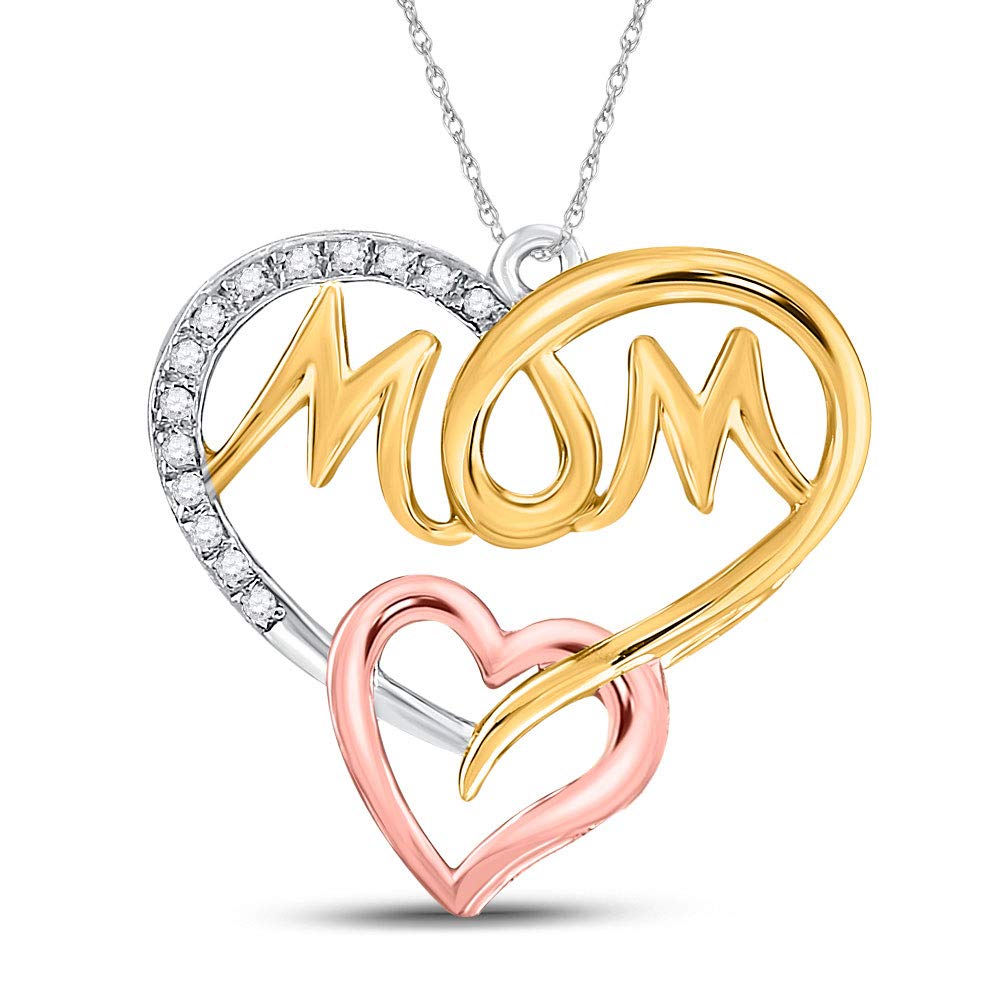 14K Sterling Silver Women's Round Diamond Tri-Tone Heart Pendant Necklace - 1/20 CTTW - Perfect Gift for Mom, Mother's Day, Anniversary & Special Occasions