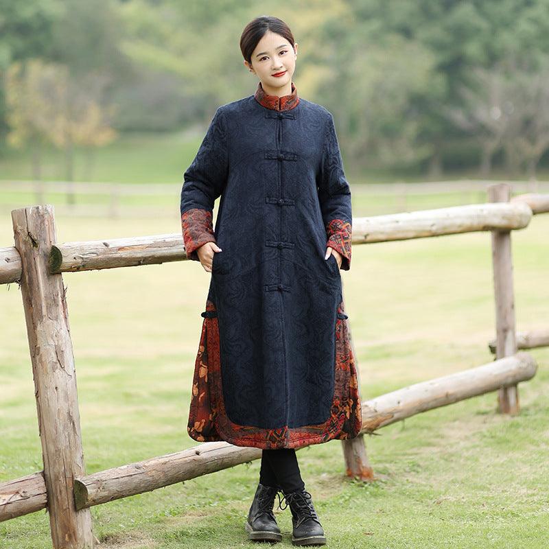 Vintage Dark Blue Long Sleeve Jacquard Cotton Coat for Women - Elegant Winter Jacket for Casual Outings & Office Wear