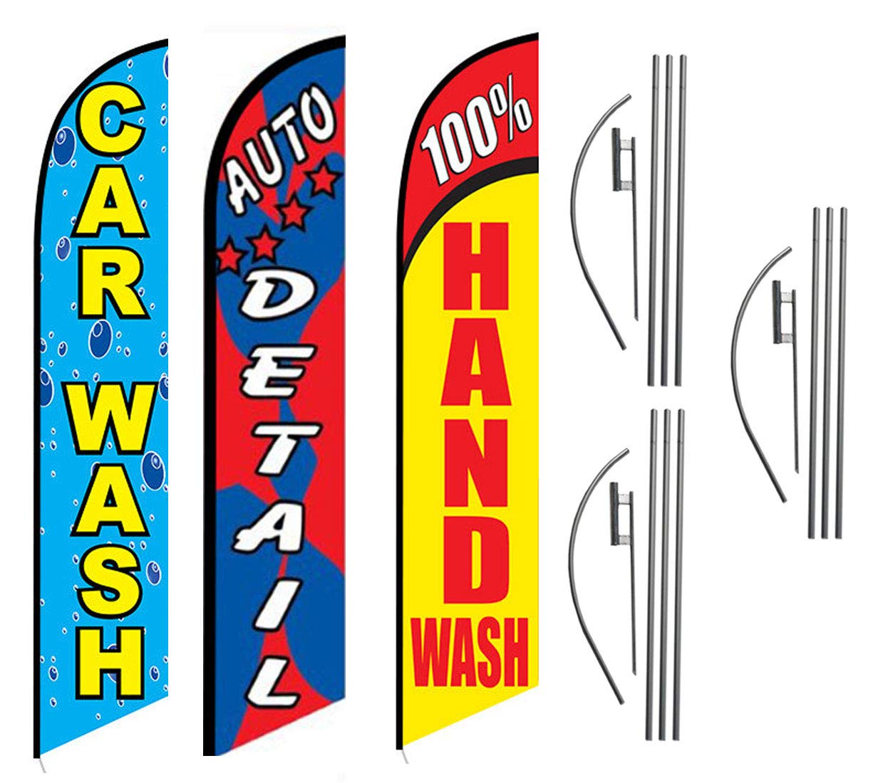 Premium Car Wash Kit - 100% Hand Wash Auto Detailing Package (3-Pack) | Durable Feather Banner & Swooper Flag Advertising Kits with Ground Spikes | Perfect for Car Dealerships, Gas Stations & Auto Shows