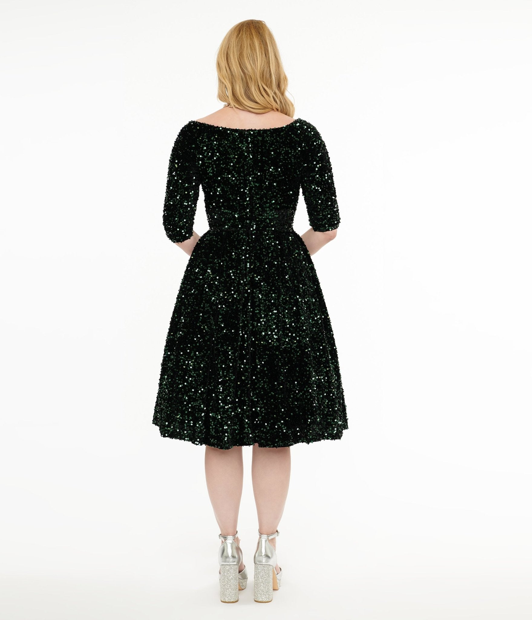 Vintage 1950s Green Velvet Sequin Swing Dress - Retro Cocktail Party & Swing Dance Outfit for Women
