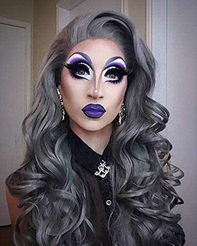 Iwonawig Long Wavy Half Hand-Tied Heat Friendly Synthetic Lace Front Gray Wig - Perfect for Cosplay, Daily Wear & Special Occasions