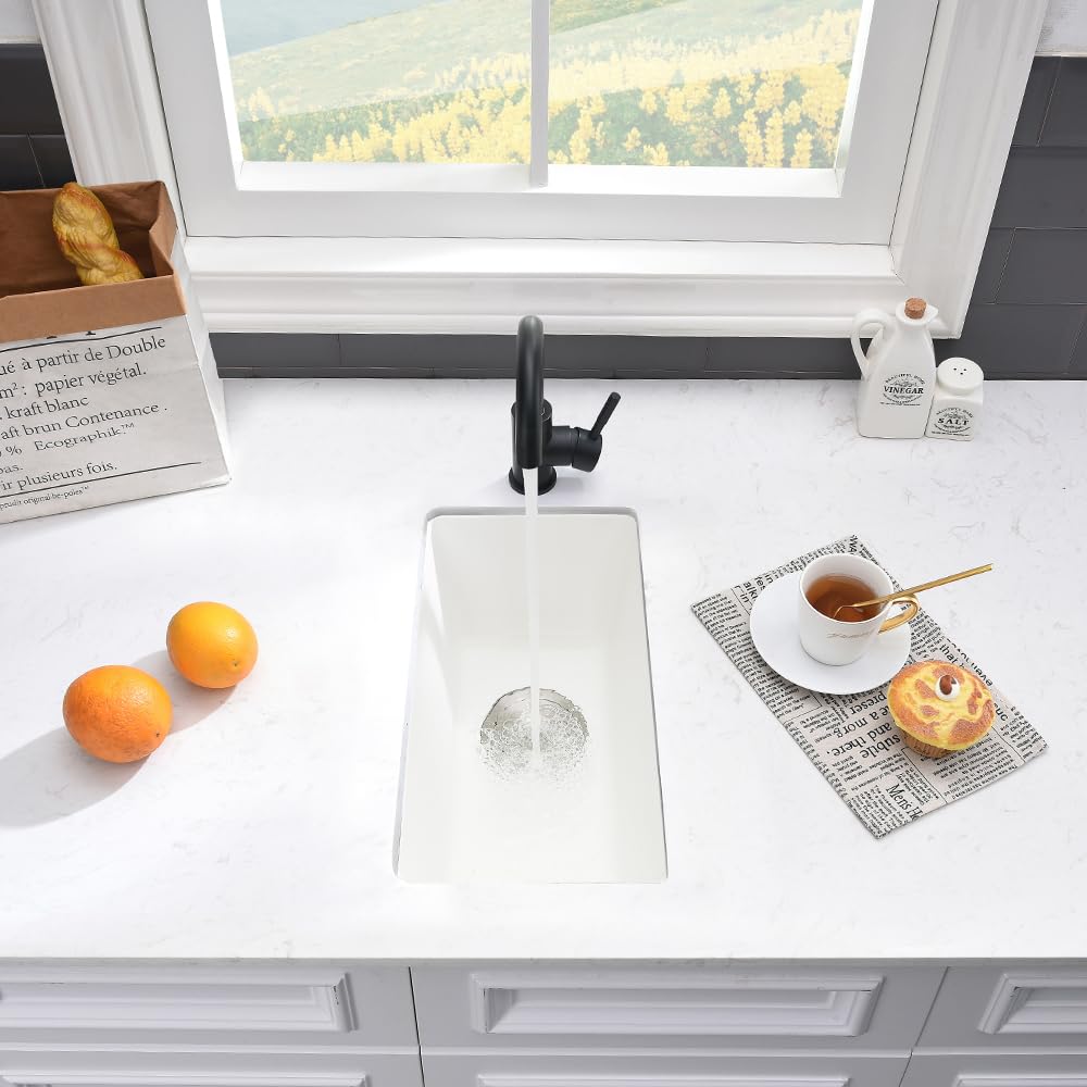 VASOYO 12x16 Inch Undermount Bar Sink - White Quartz Single Bowl Small Kitchen Sink with Bottom Grid for RV, Outdoor & Home Bar Prep | Durable & Stylish Design