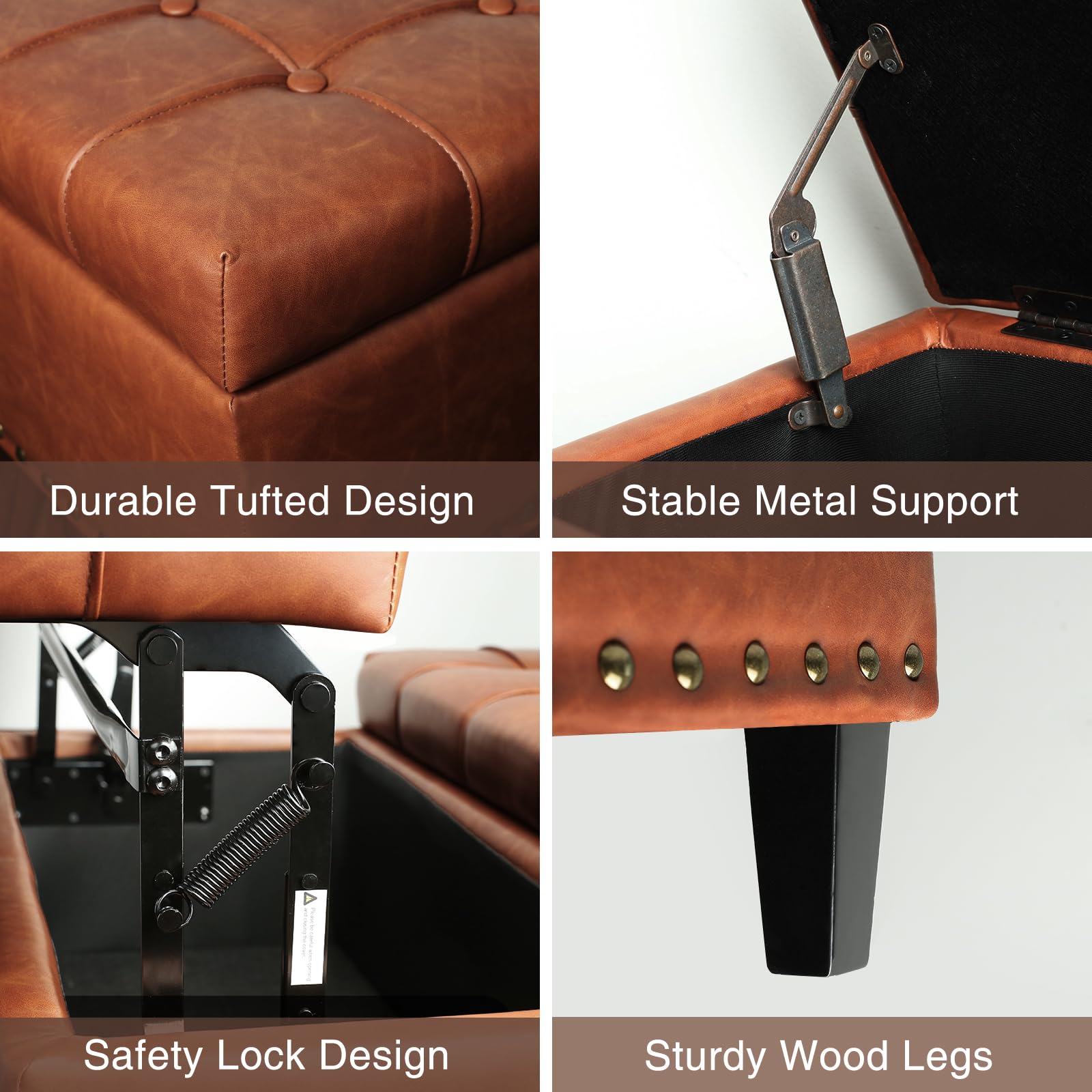 Square Leather Storage Ottoman with Lift Top - Large Upholstered Footrest Stool & Toy Box for Living Room, Bedroom - Brown Leather Coffee Table Ottoman | Perfect for Extra Seating, Storage & Home Decor