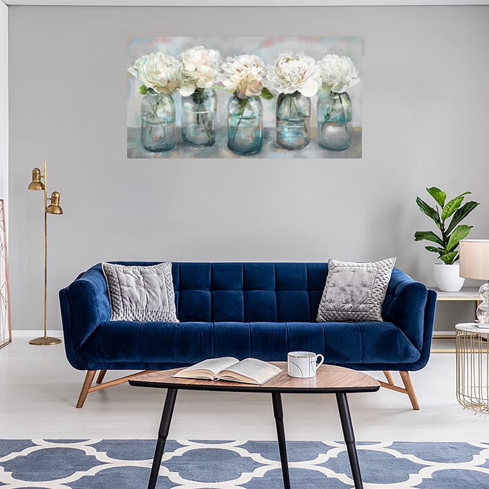 Fresh Picked Peonies Canvas Wall Art - 40x21 Inch Floral Painting for Bathroom & Living Room Decor - Modern Home & Office Wall Decorations