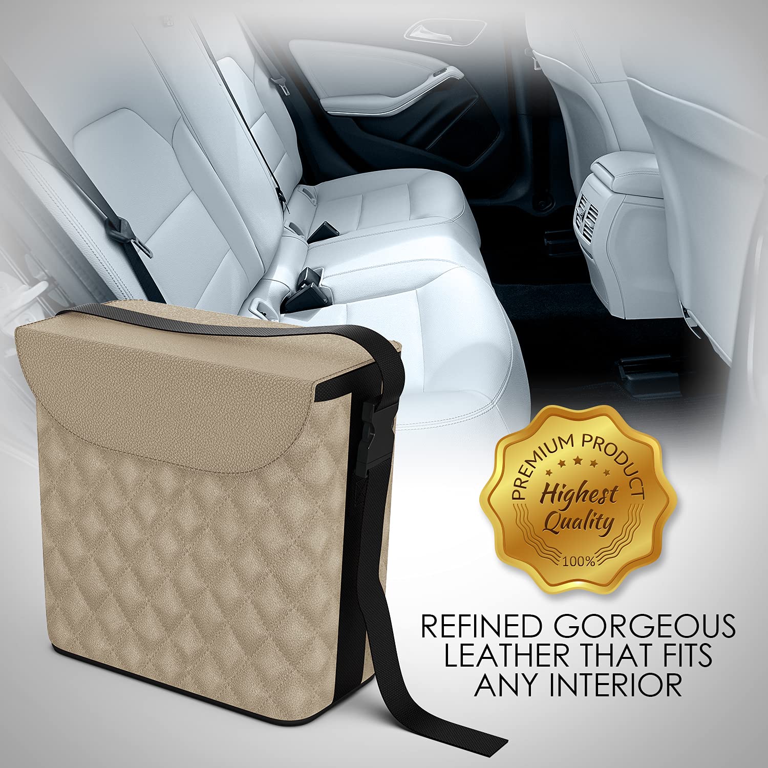 Premium Leather Car Trash Can with Matching Tissue Box Holder - Waterproof & Washable Car Garbage Bag for SUV, Sedan, Road Trips & Office Use