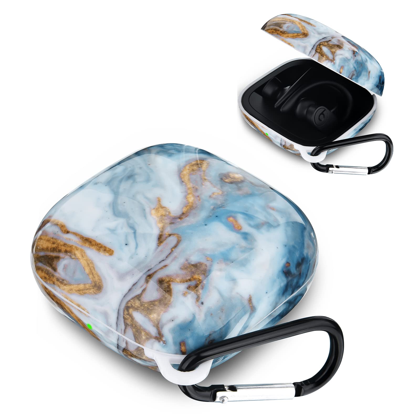 Shockproof Protective Case for Beats Powerbeats Pro - Upgraded Anti-Lost Design with Carabiner Clip, Marble Blue | Perfect for Gym, Running, Travel & Outdoor Activities