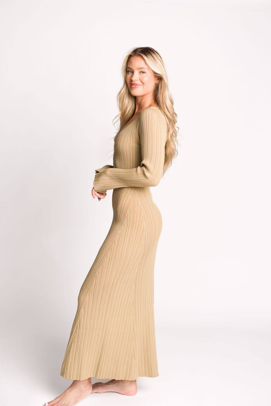 Keaton Knit Maxi Dress - V Neckline Beige Women's Long Dress | Perfect for Summer, Beach, Vacations & Casual Outings