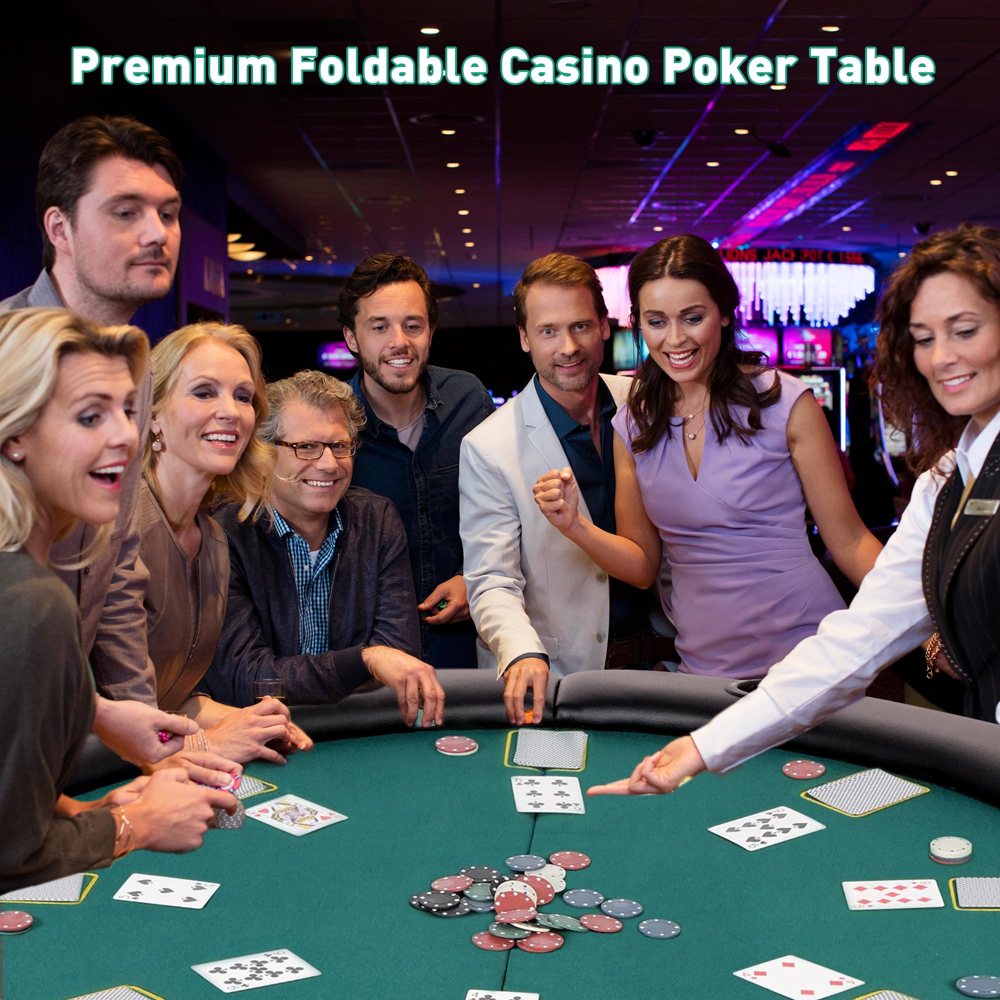 8 Player Round Foldable Poker Table - Portable Texas Hold'em & Blackjack Game Table with 8 Cup Holders, Padded Rails - Casino Style Folding Card Table for Home Games & Parties (Green) | Perfect for Poker Nights, Casino Themed Events & Family Game Gatherings