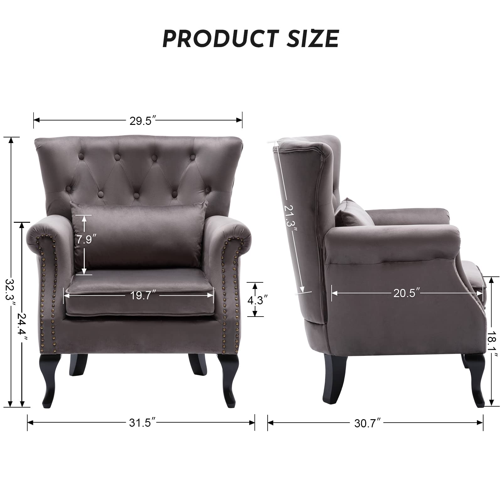 Midcentury Modern Accent Reading Arm Chairs Set of 2 - Velvet Grey Wingback Club Chairs with Button Tufted Back & Lumbar Pillow for Living Room, Bedroom, Office Waiting Area | Perfect for Reading Nooks, Lounge Spaces & Cozy Corners