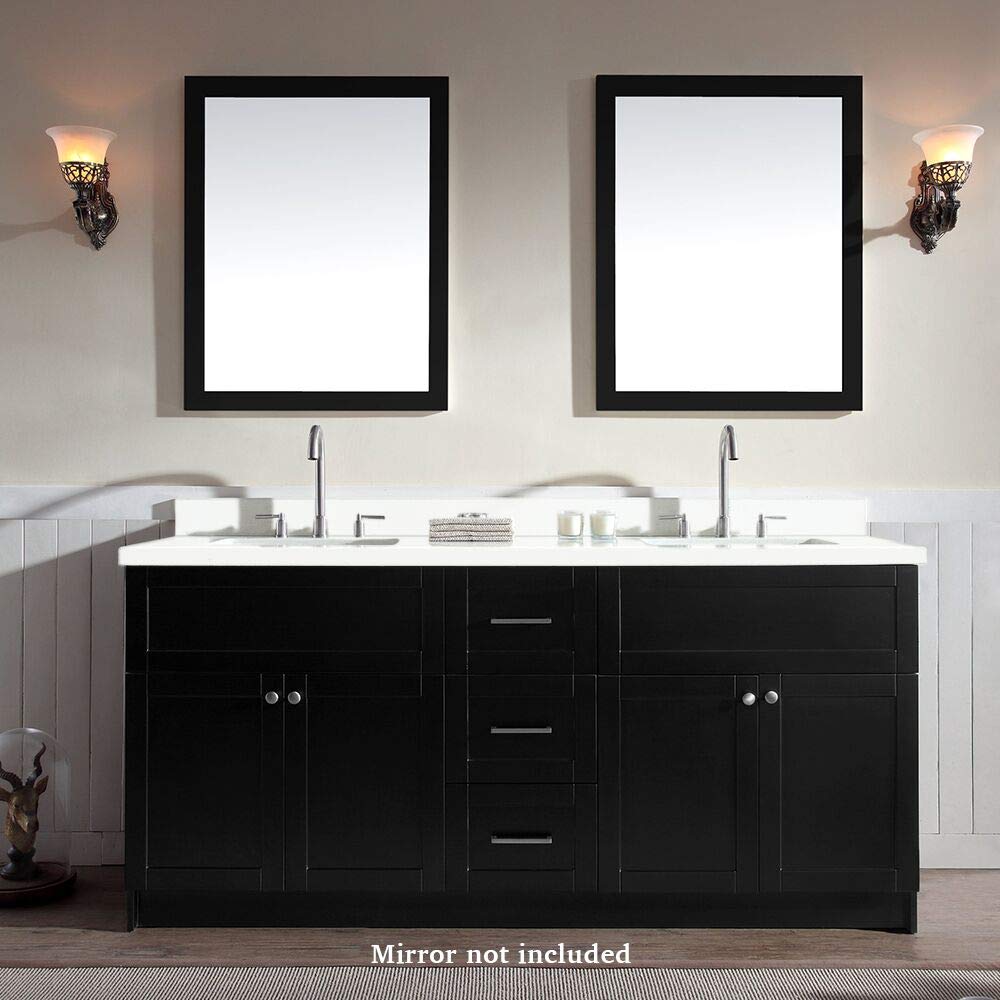 DKB Bradford Series 73-Inch Double Rectangle Sink Bathroom Vanity Cabinet with Pure White Quartz Countertop - Black Finish, 4 Soft-Closing Doors & 3 Full-Extension Dovetail Drawers - Modern Bathroom Storage Solution for Master Bath or Guest Bath Remodel